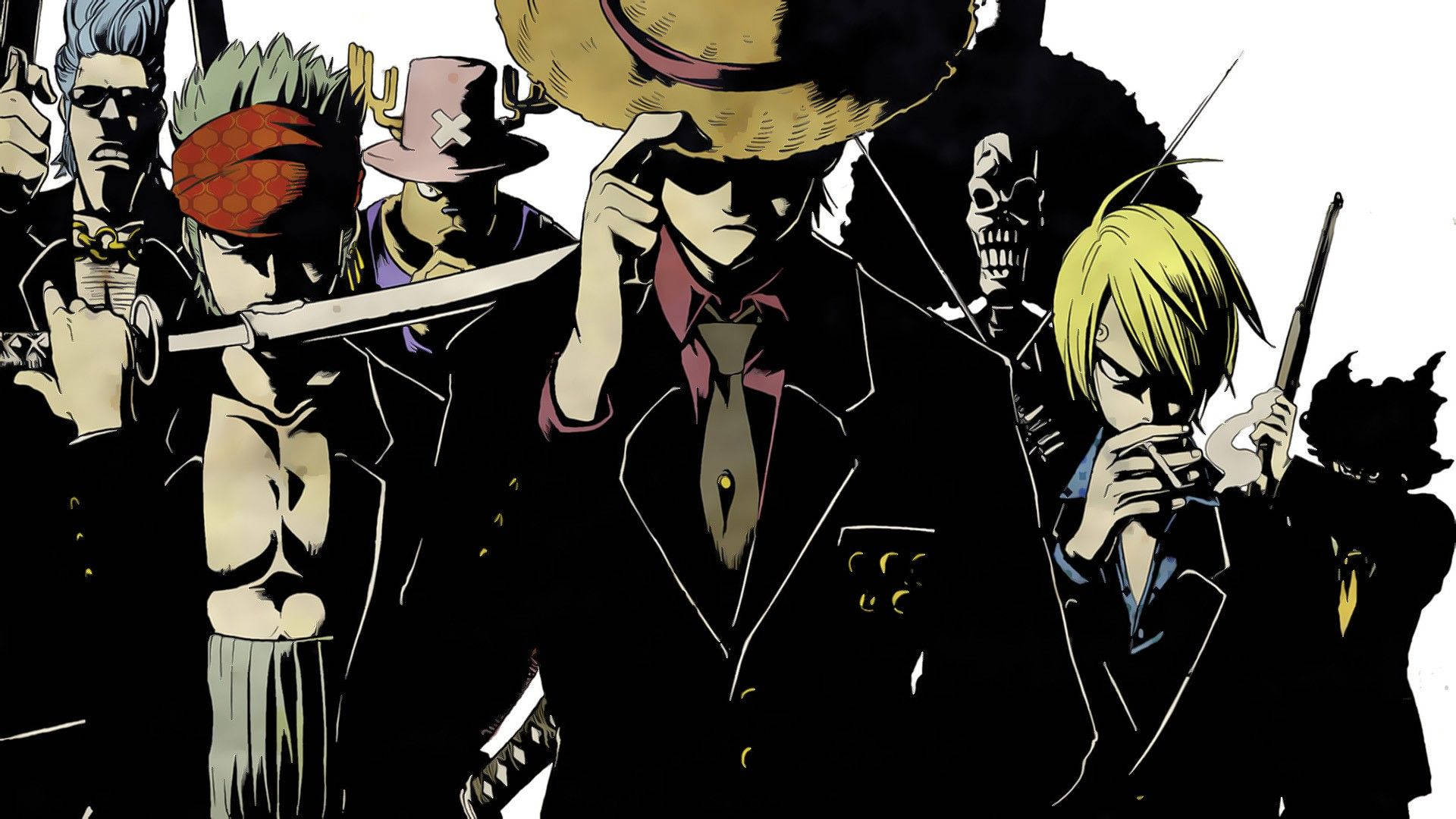 One Piece мъжки екипаж на сламената шапка, изглеждащ елегантно в черни костюми тапет.