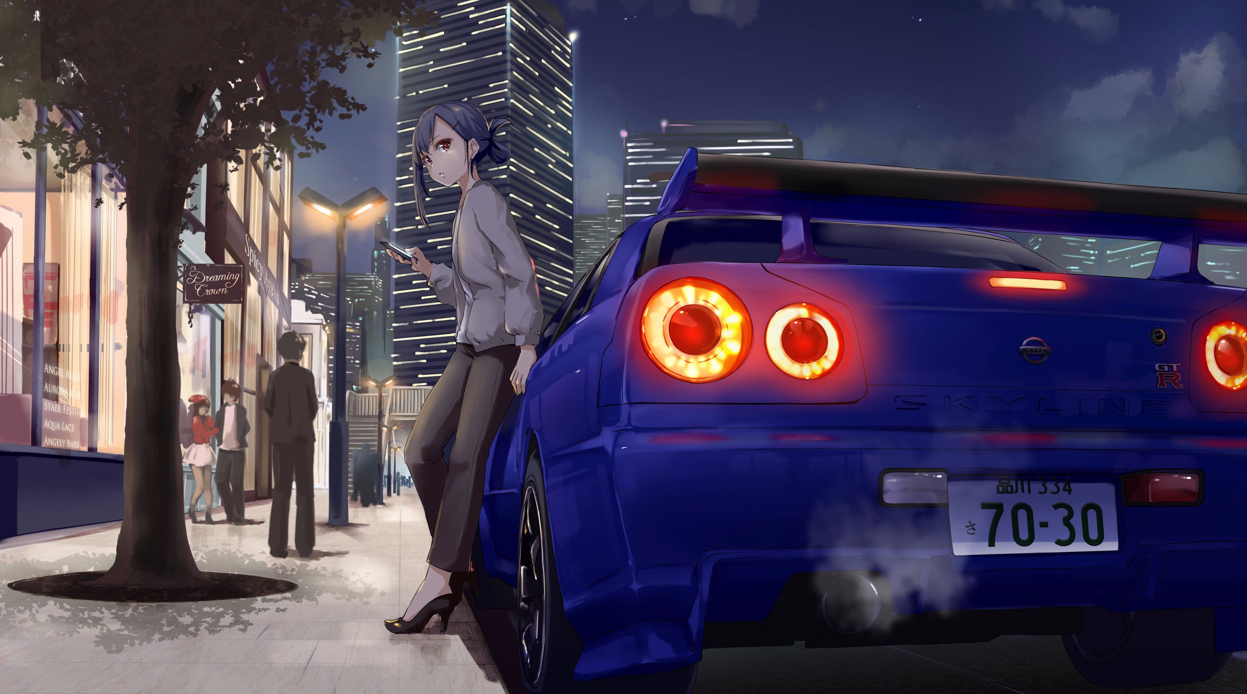 Момиче, облегнато на кола Nissan Skyline, аниме Тапет