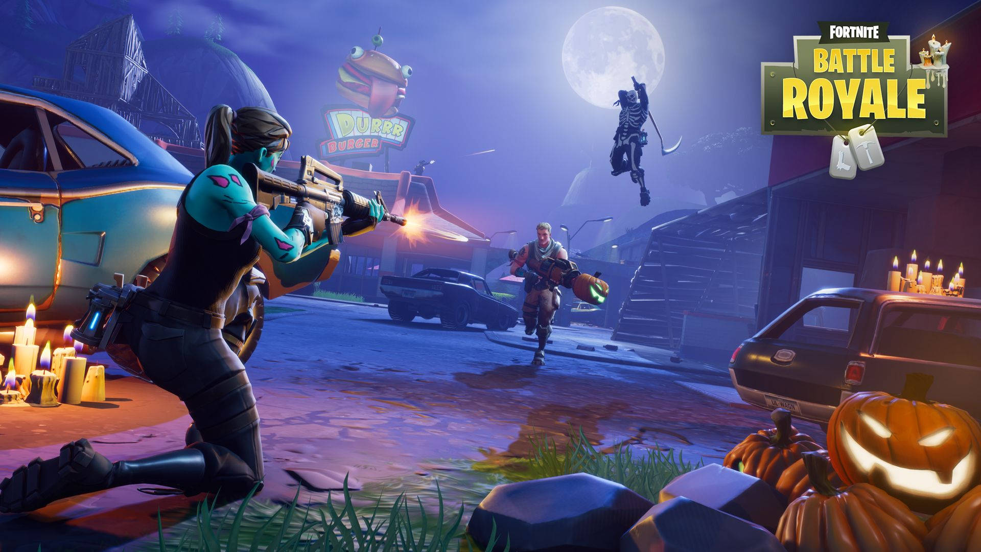 Битка през нощта между трима герои в Fortnite тапет.