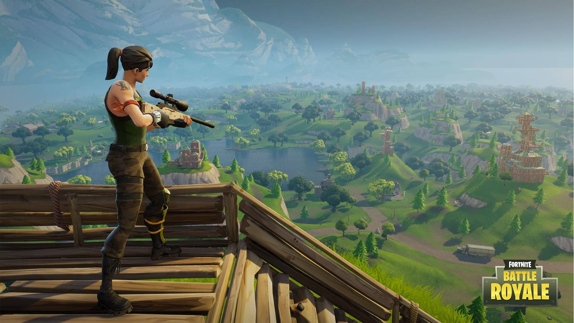 Жена войник държи снайпер, търсейки цел на земята в играта Fortnite Battle Royale тапет.