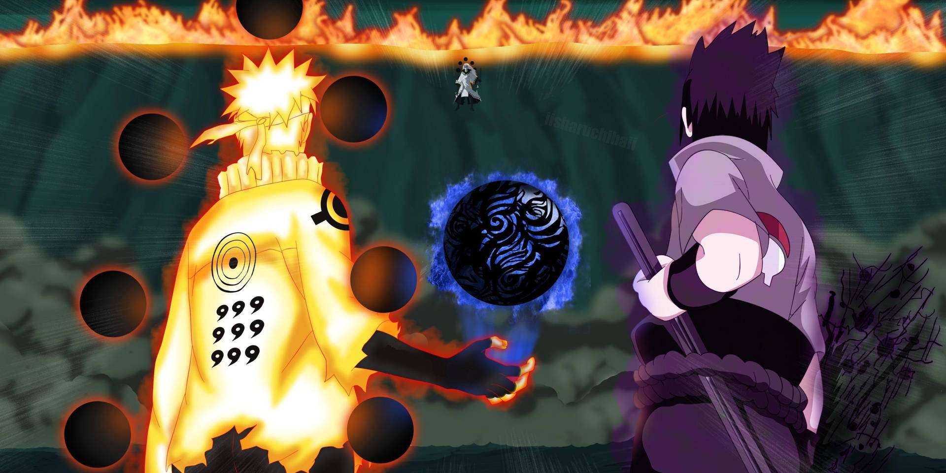 Наруто се изправя срещу Учиха Мадара в една от най-емблематичните битки в Наруто Шипуден Тапет