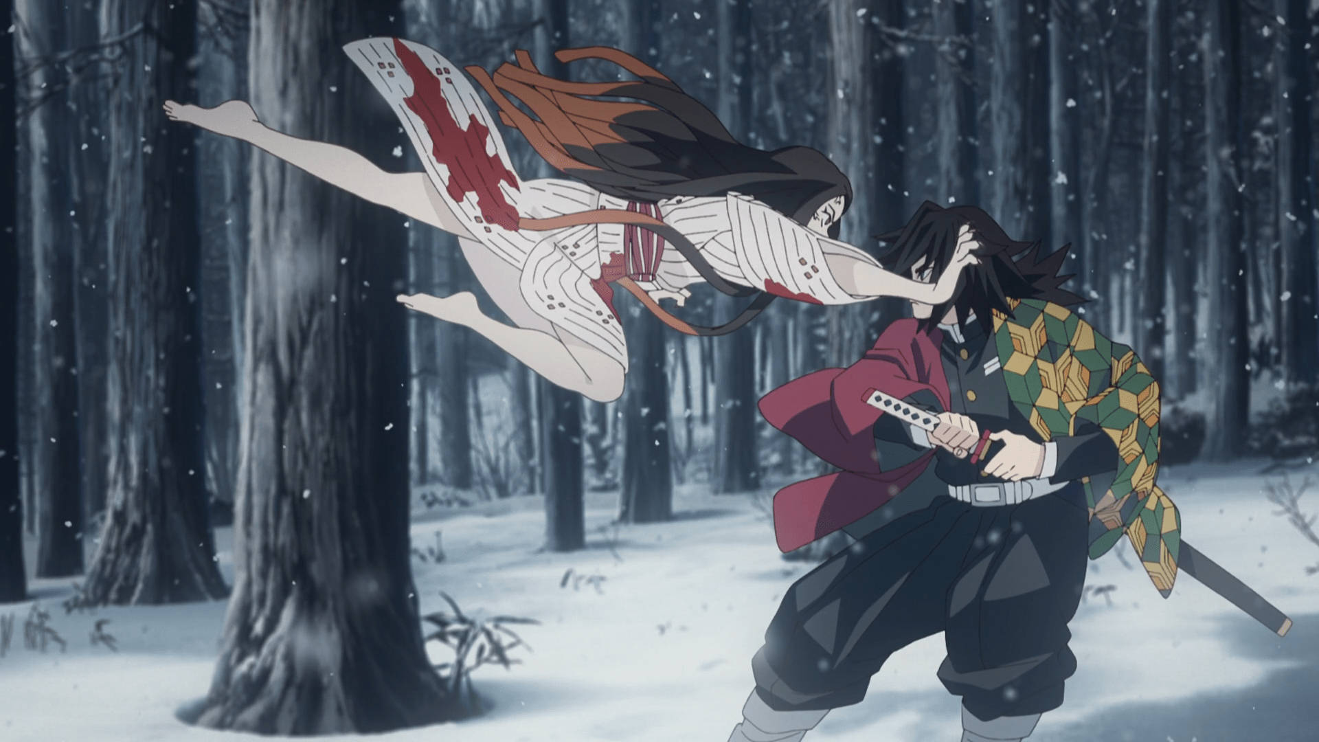 Тапет от Demon Slayer с Недзуко, атакуваща Водния Хашира, Гийю Томиока.