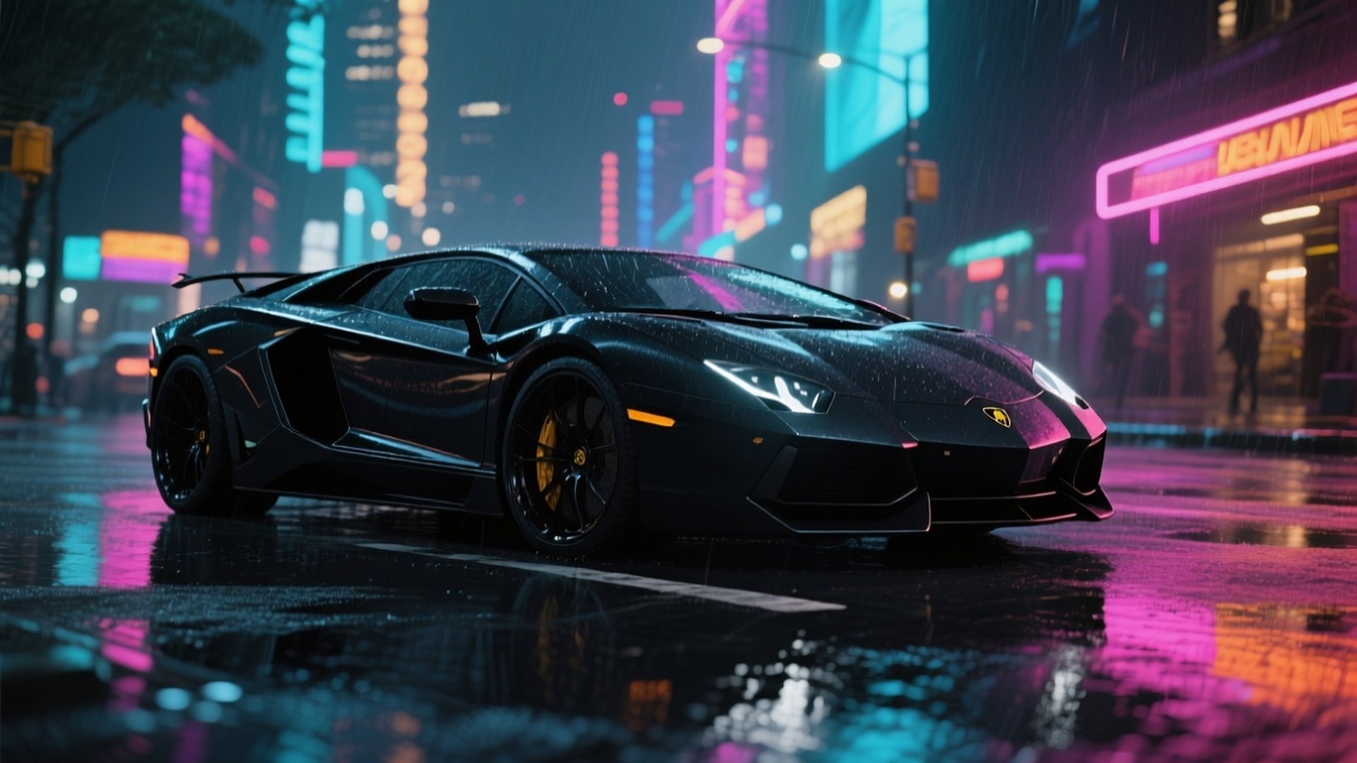 Черен Lamborghini Aventador в неонова градска нощ