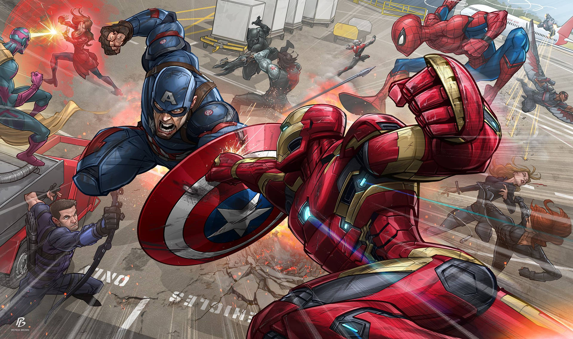 Marvel супергерои Капитан Америка и Железния човек в битка.