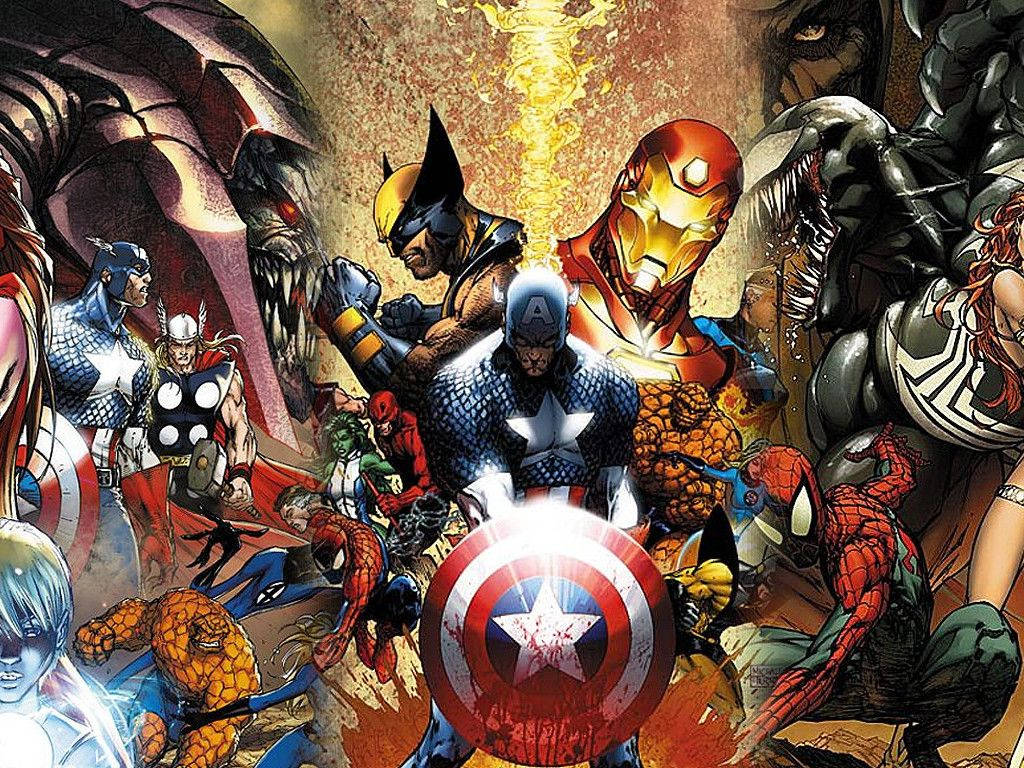 Marvel герои всички в един комикс с герои злодеи.