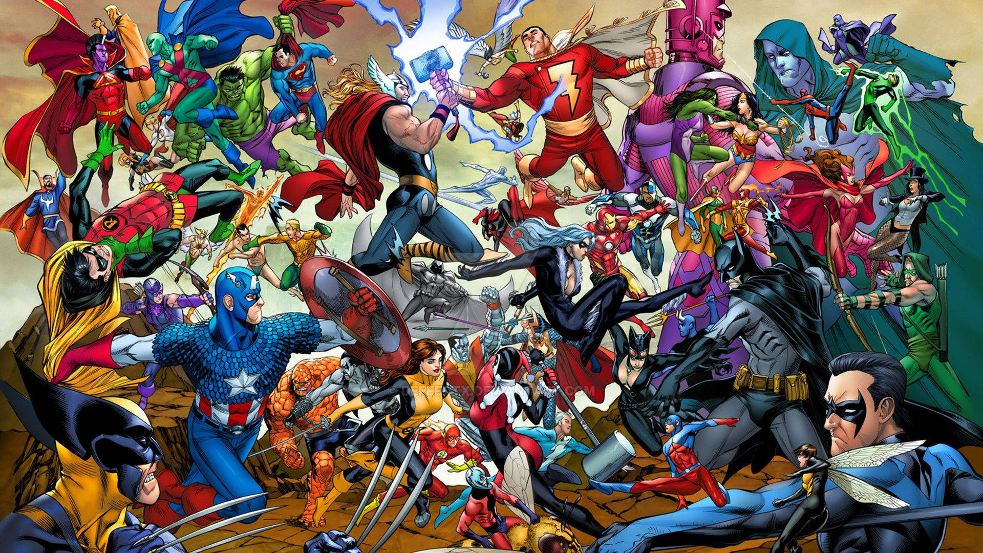 Marvel супергерой и злодей на един комикс фон.