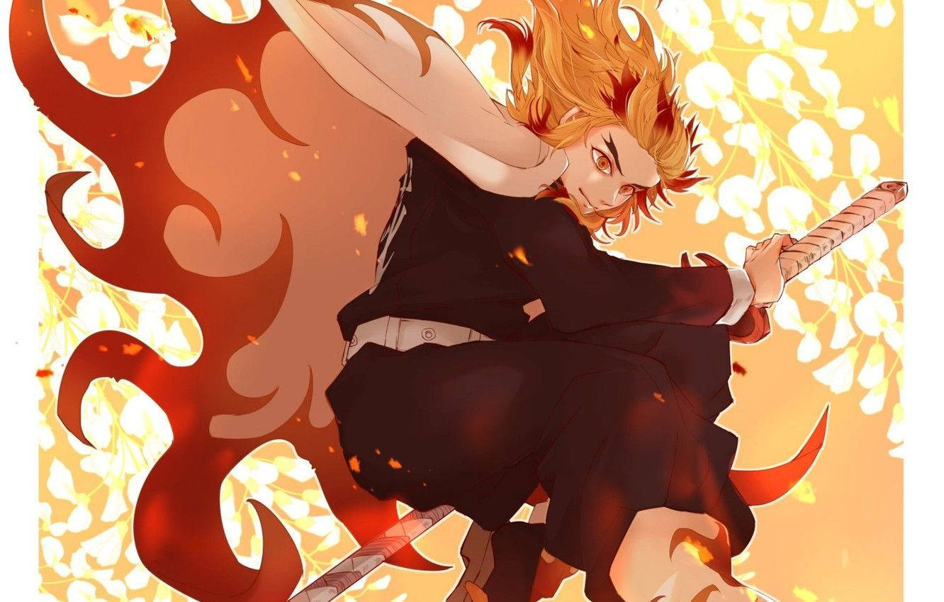 Demon Slayer тапет на огнения хашира Кьоджуро Ренгоку, държащ ръба на меча си.