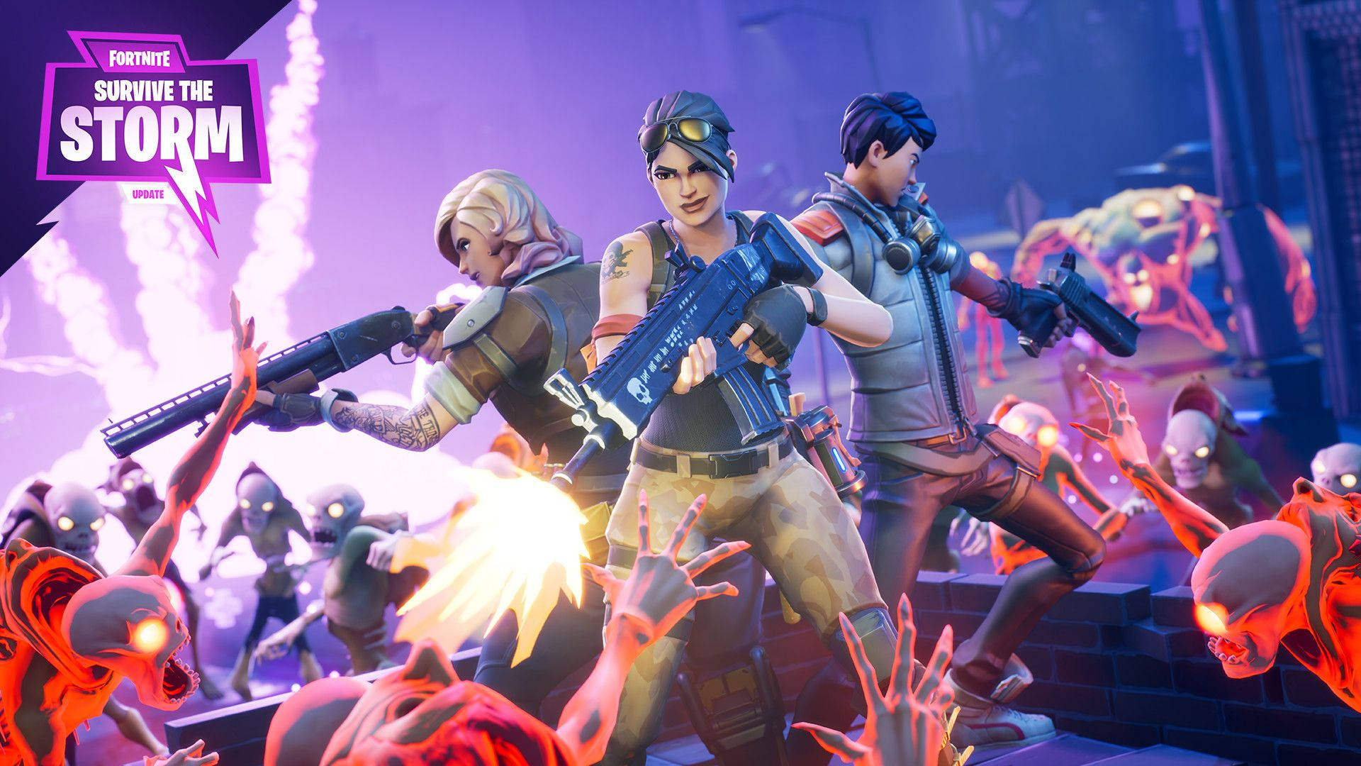 Две жени и мъж се бият срещу чудовища от Fortnite Survive The Storm HD тапет.