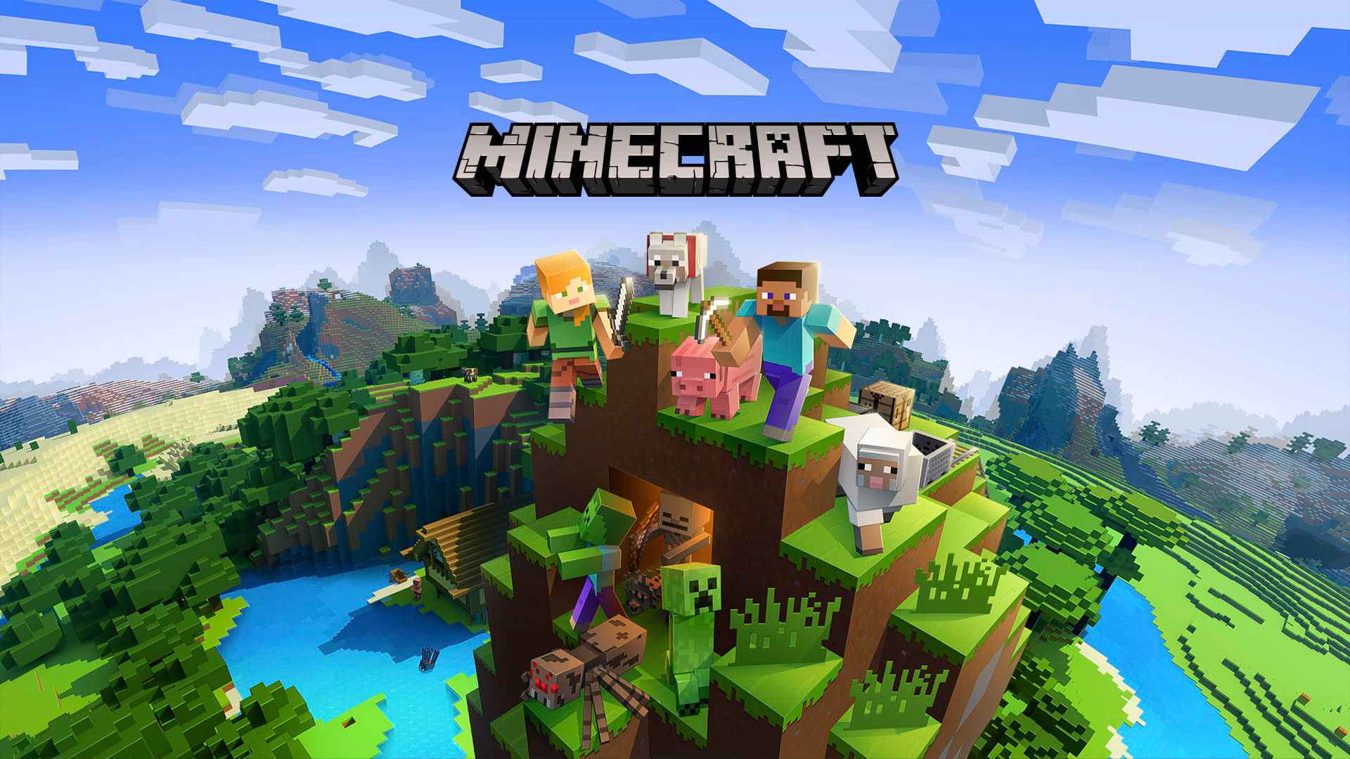 Герои от Minecraft над град в пейзаж — Майнкрафт Тапет