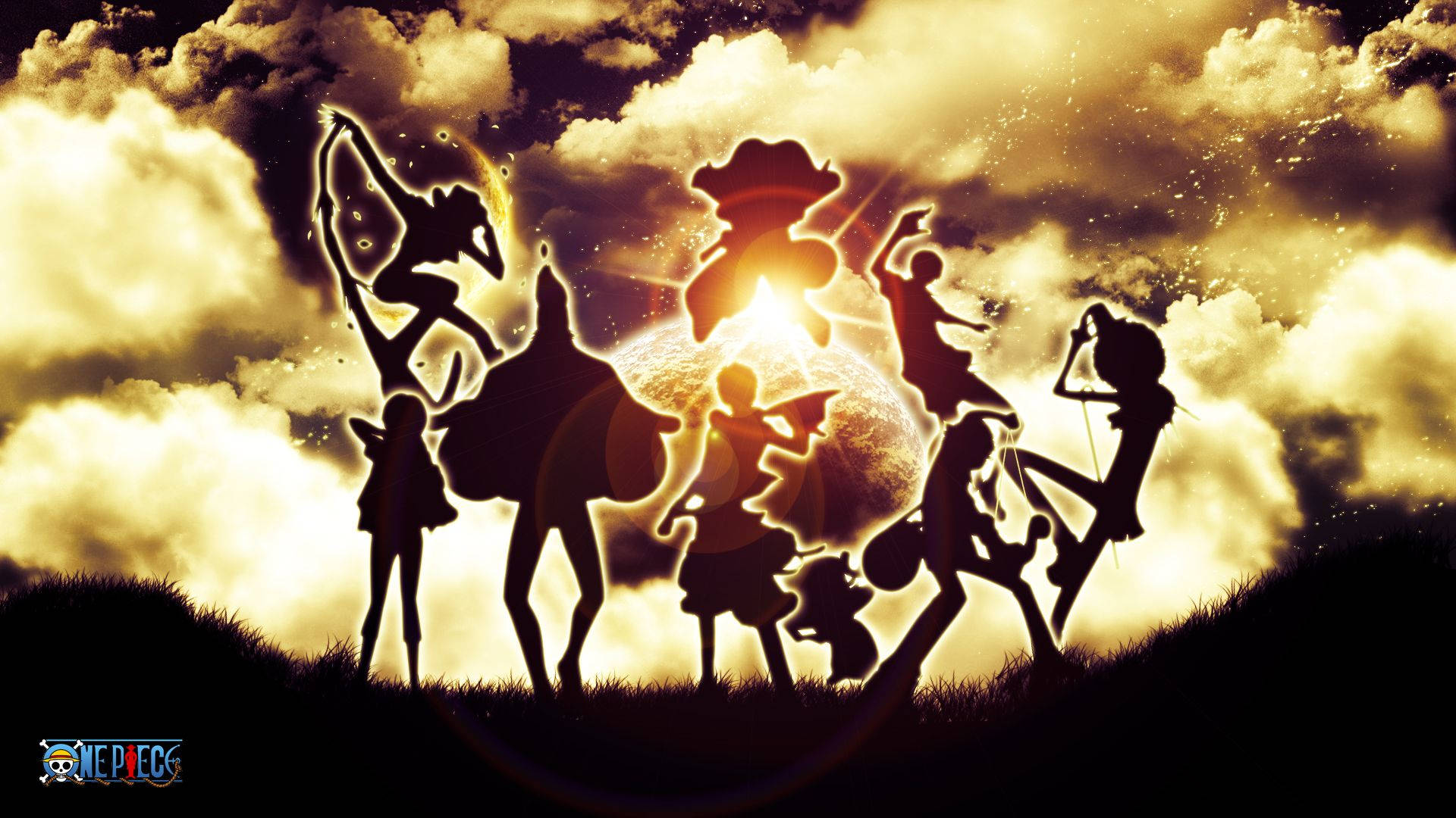 Силует на екипажа на Сламената шапка от One Piece сред ярка светлина тапет.