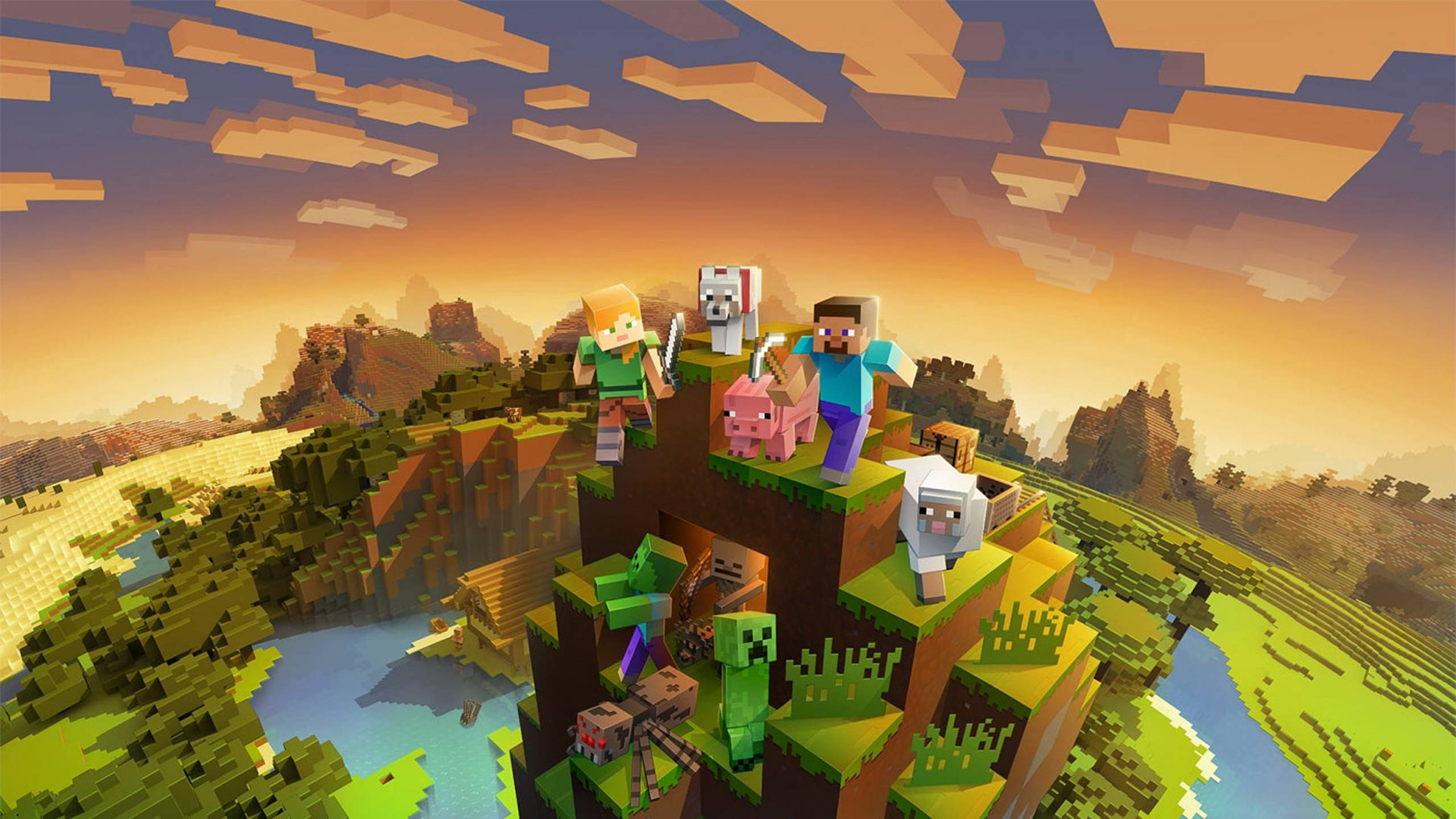 Планински залез 2560x1440 Minecraft Тапет
