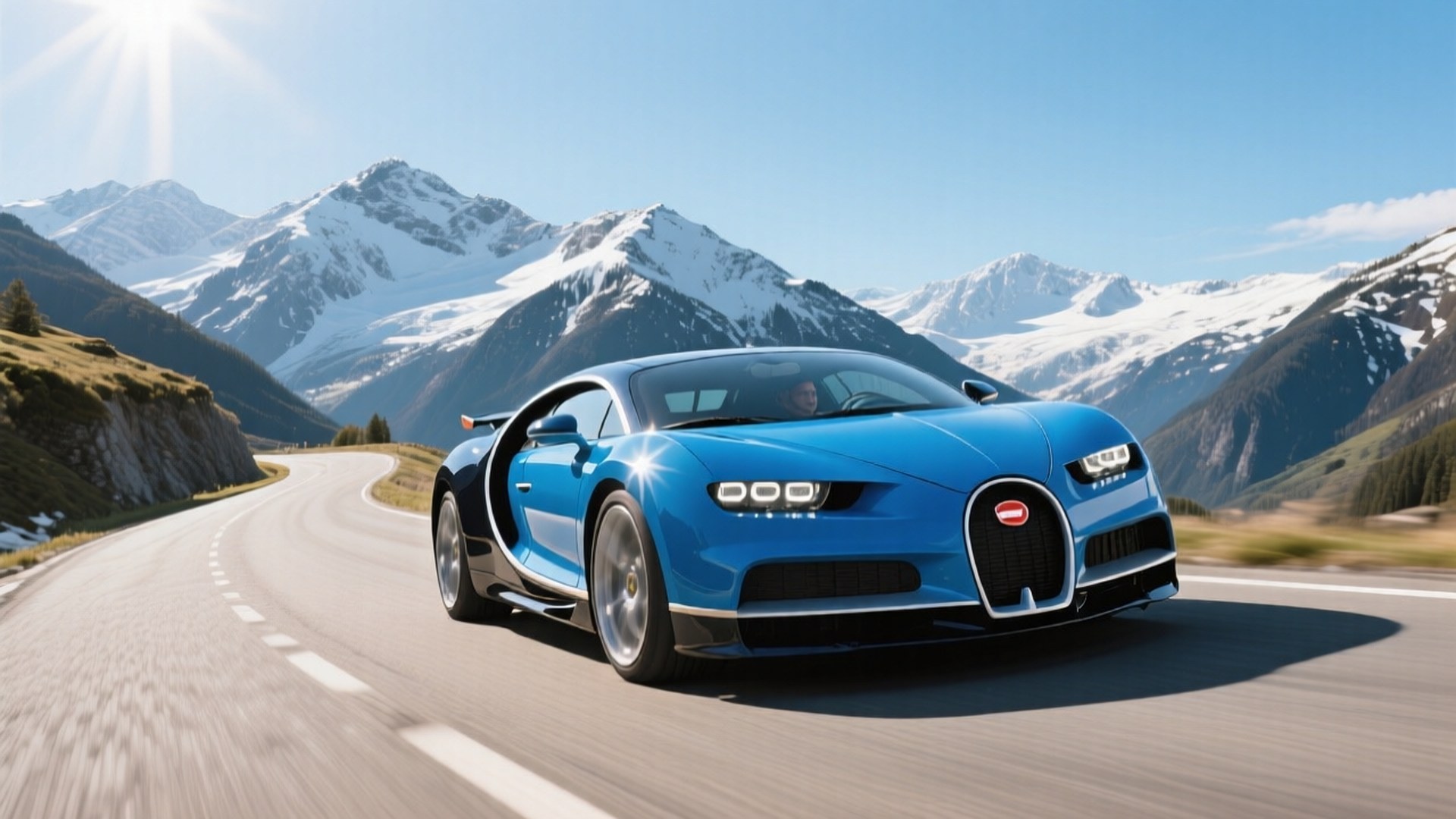 Син Bugatti Chiron на извиващ се планински път
