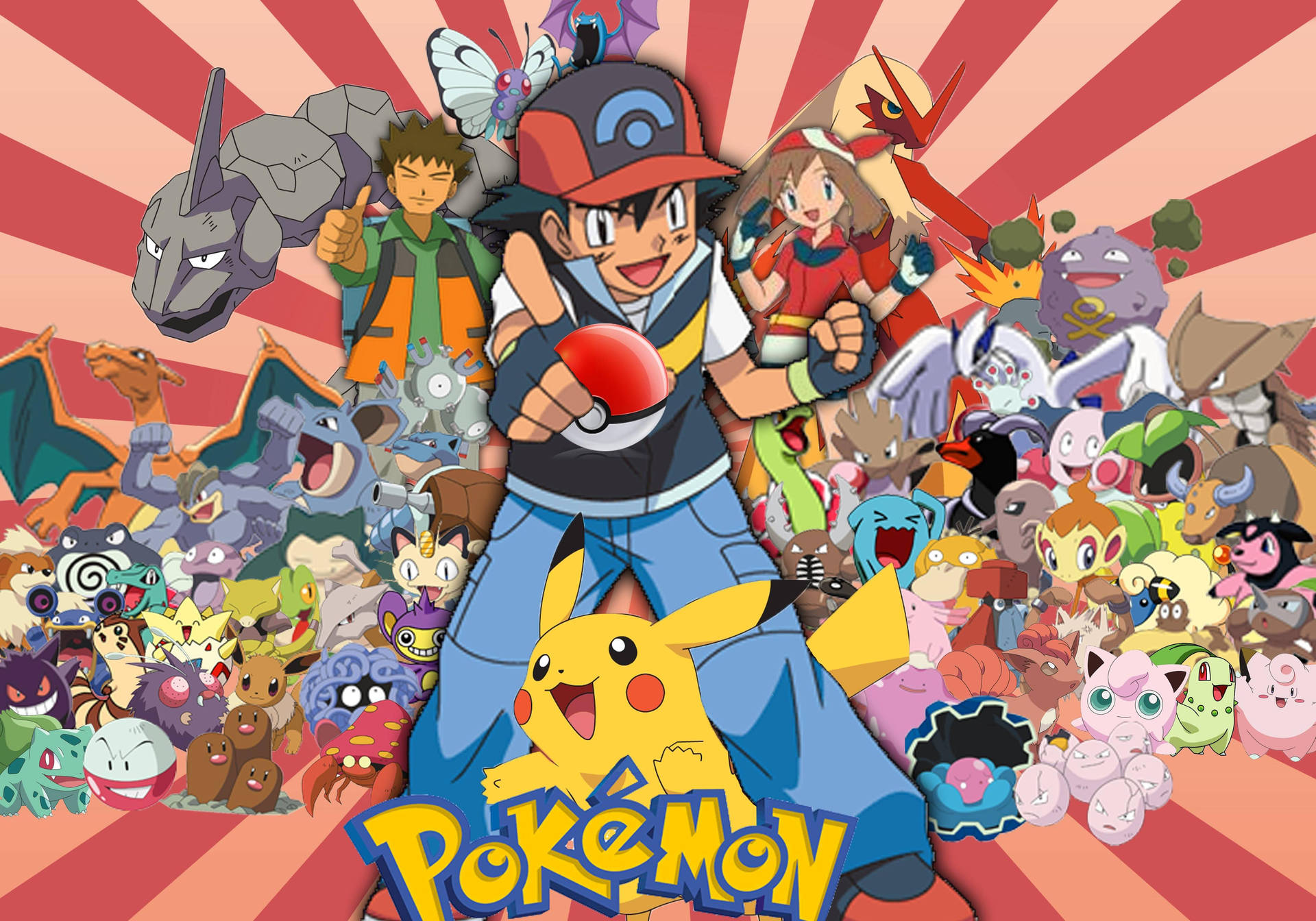 Покемон герои с Ash, Brock, Misty, Pikachu и други покемони.