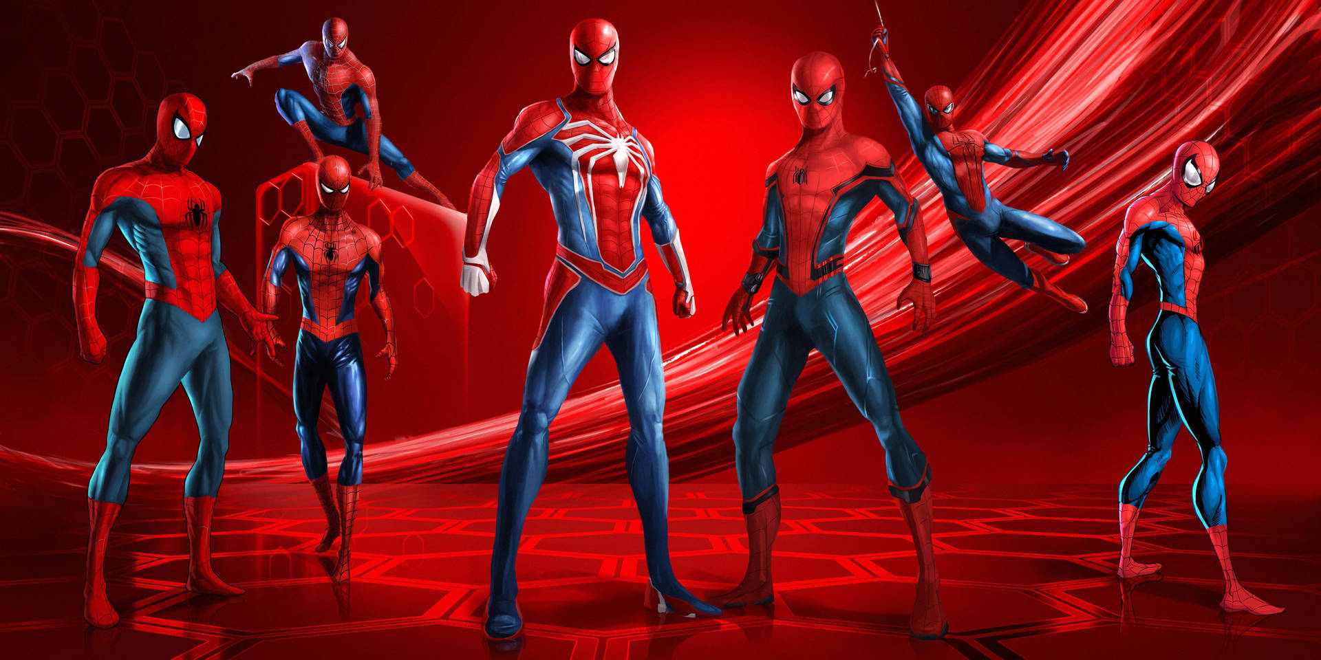 Множество стоящи и висящи Спайдърмен на червен фон, Marvel супергерои. — Спайдермен Тапет
