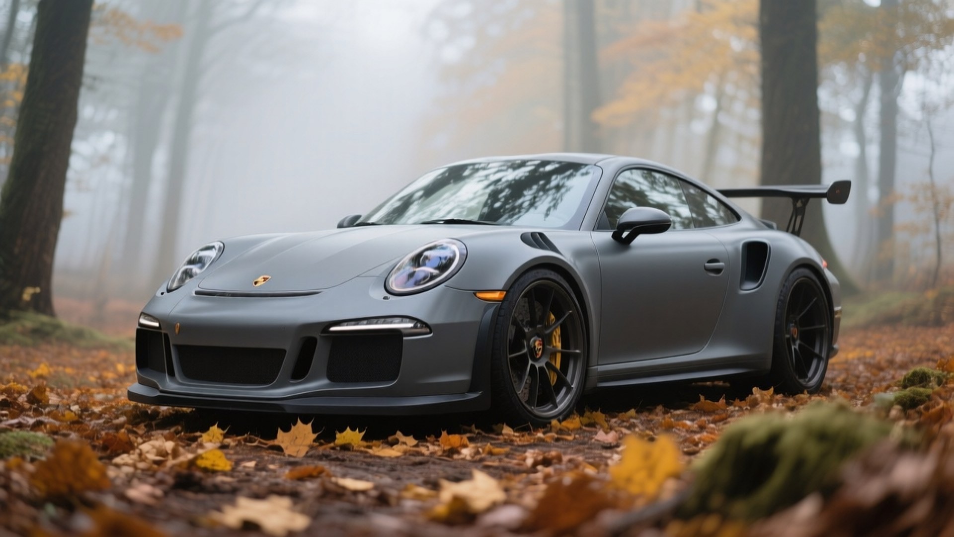 Матово сив Porsche 911 GT3 RS в есенна гора
