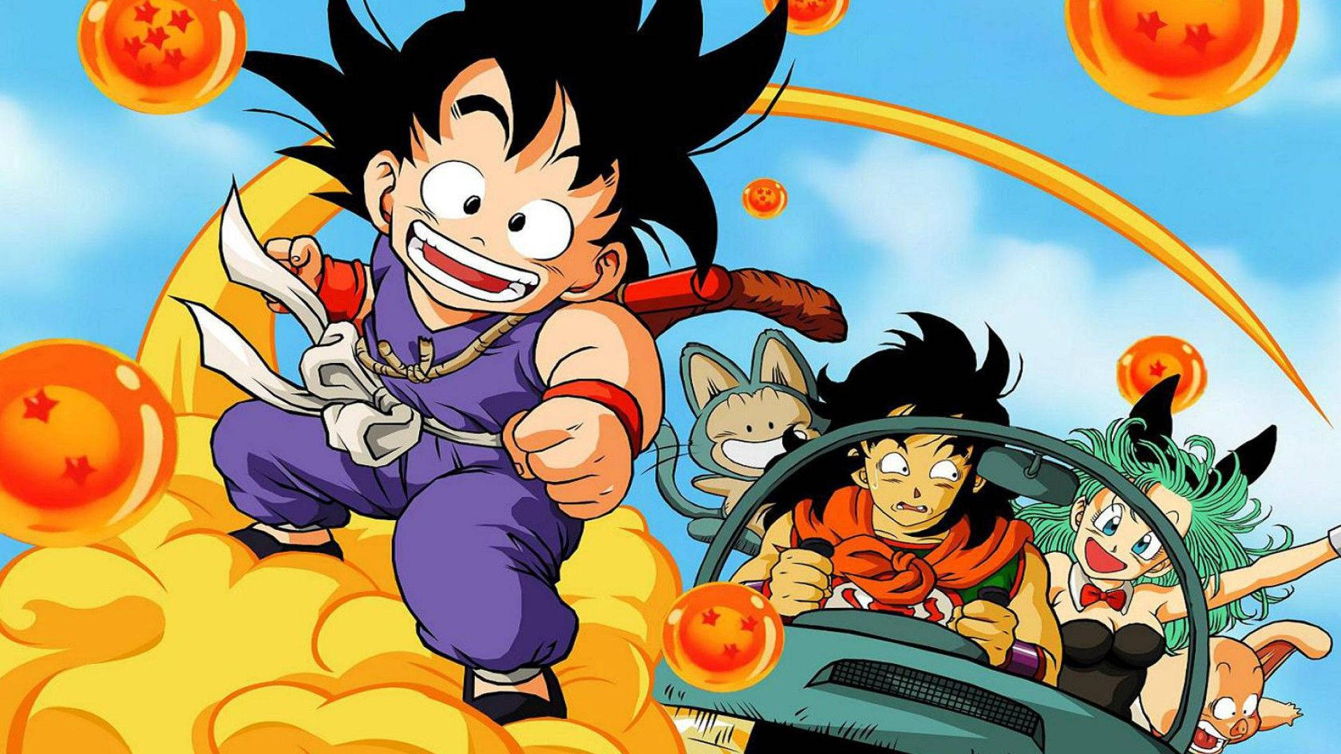Dragon Ball Z Гохан с Марон и нейния съпруг, които карат кола, докато Гохан язди летящ облак.