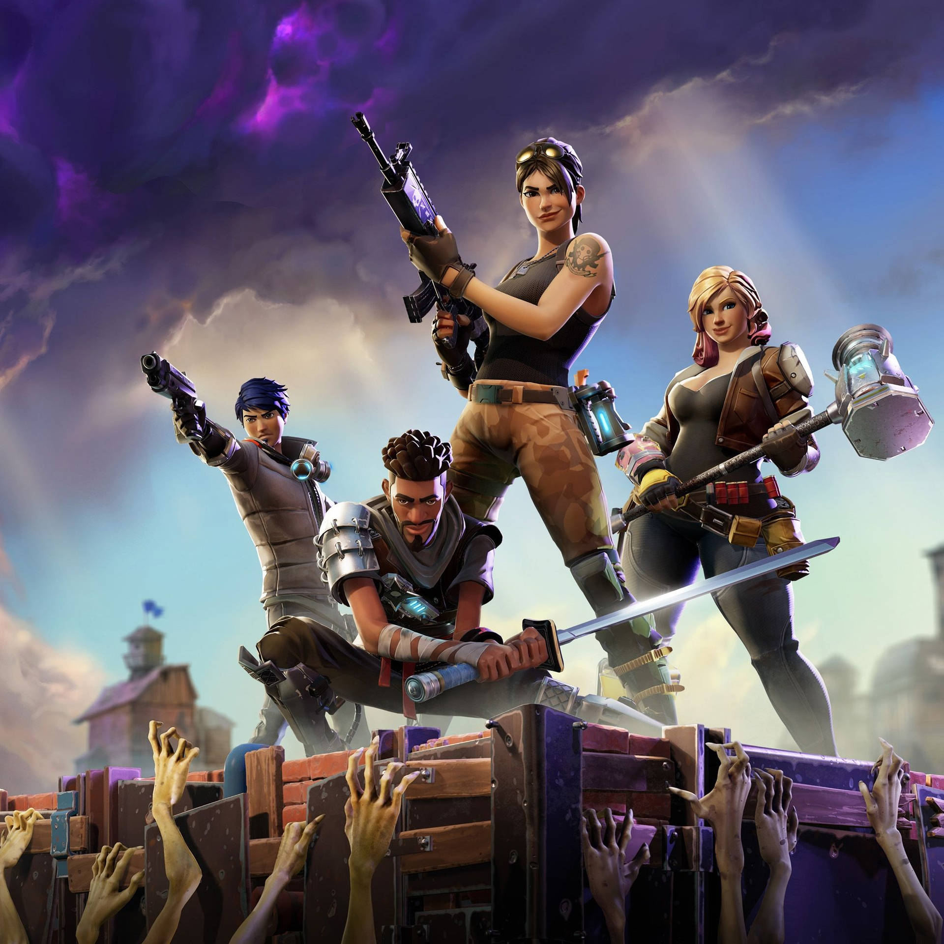 Четирима воини се борят за оцеляване срещу чудовища в играта Fortnite HD тапет.