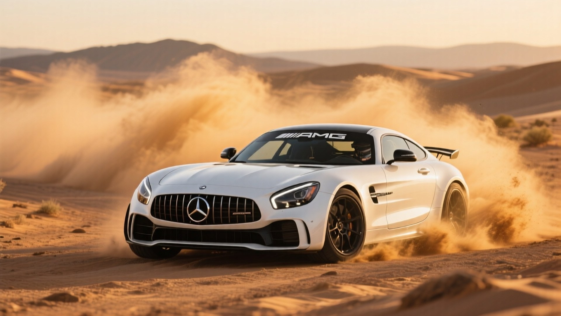 Бял Mercedes-AMG GT R дрифтира в пустинята по златен час