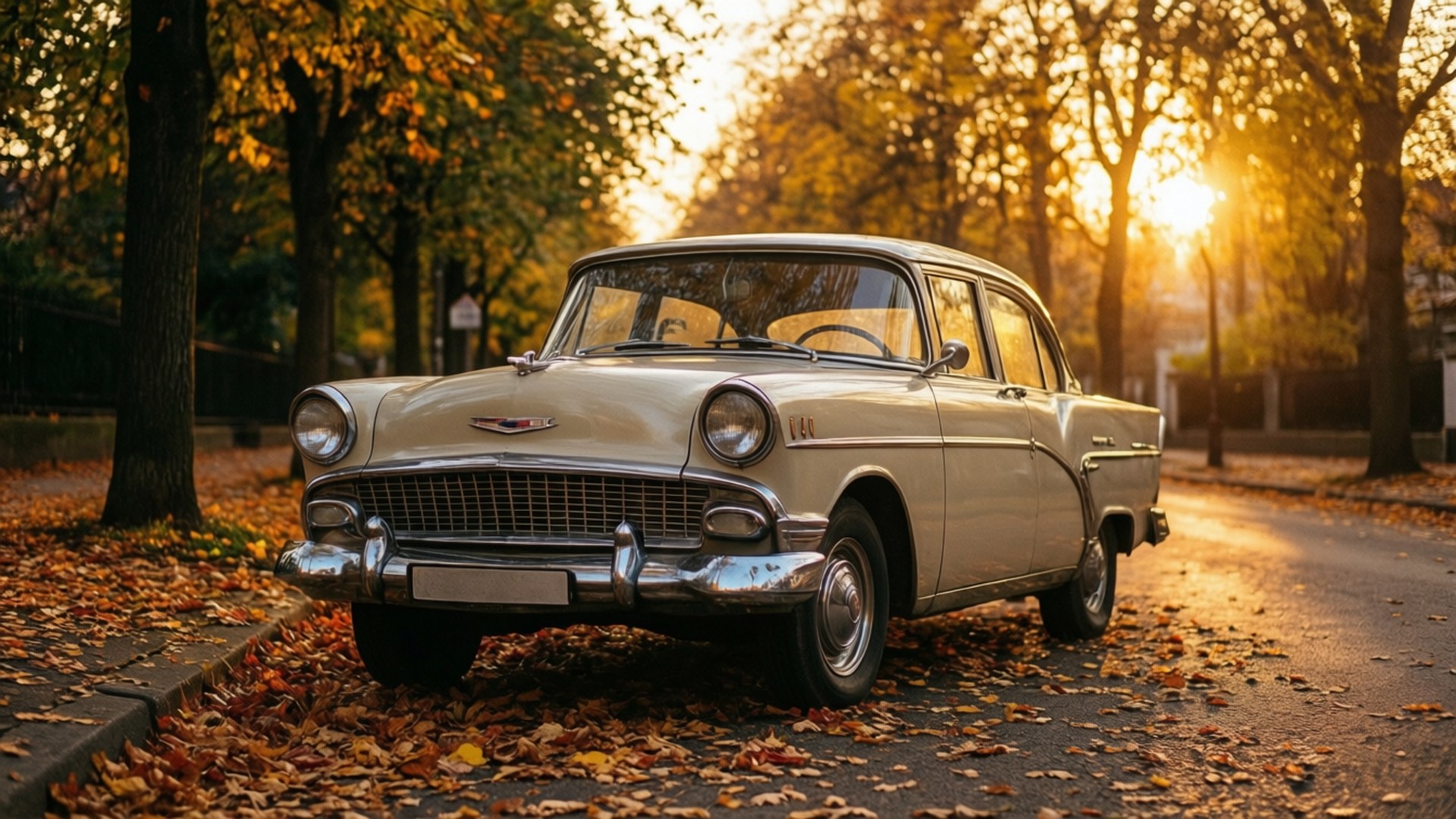 Ретро кола на есенна улица Тапет