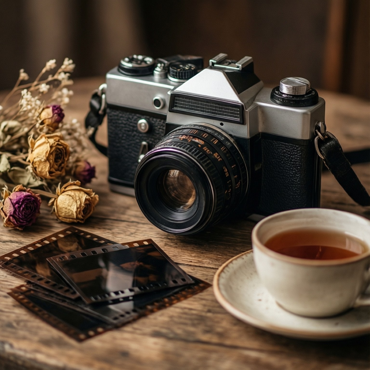 Ретро фотоапарат с филмови негативи и сухи цветя Тапет