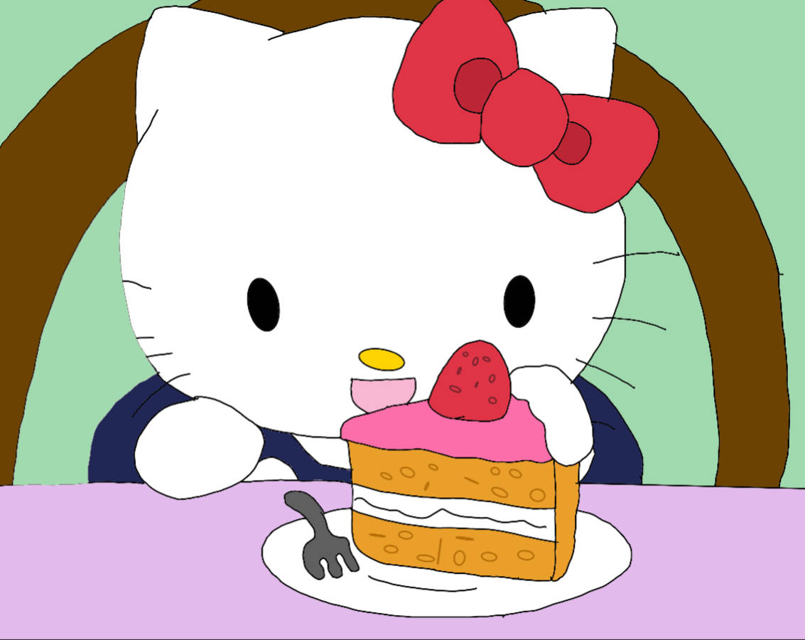 Рисунка на Hello Kitty PFP, която яде торта Тапет