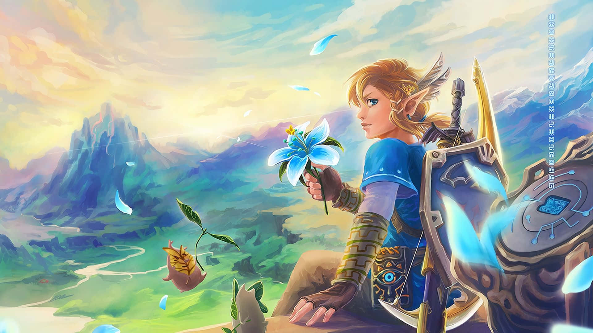 Рисунка на Линк с цвете от Zelda Botw Тапет
