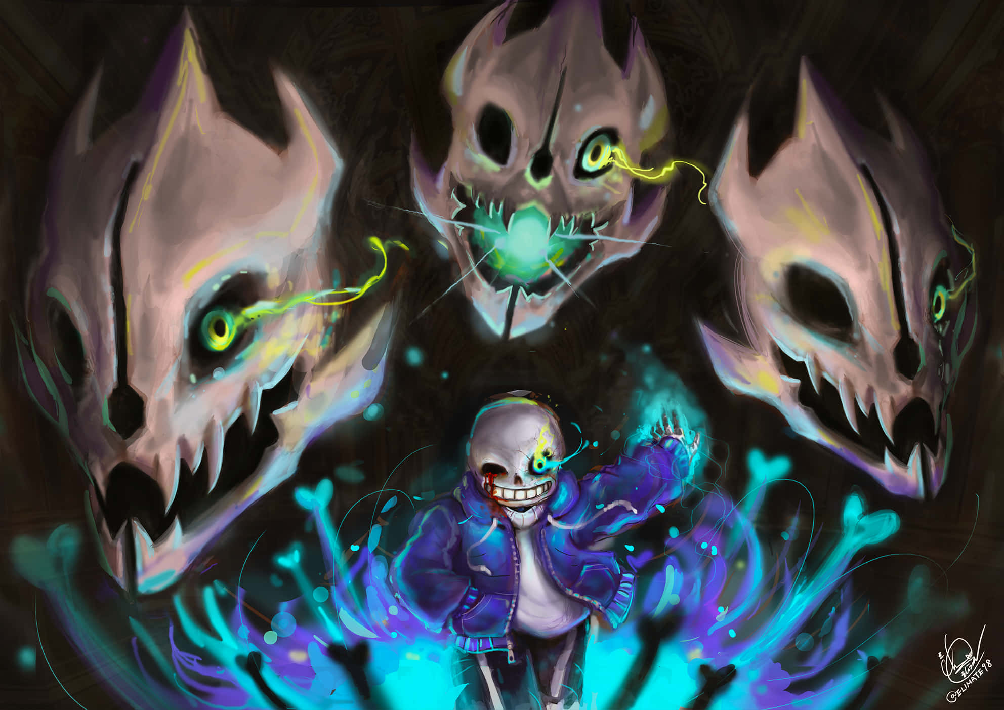 Санс от независимата RPG игра Undertale се усмихва палаво. Тапет