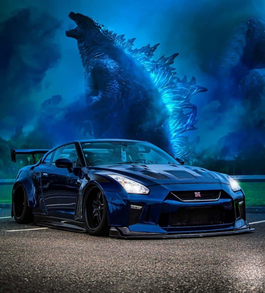 Син Nissan R35 GTR с Годзила Тапет