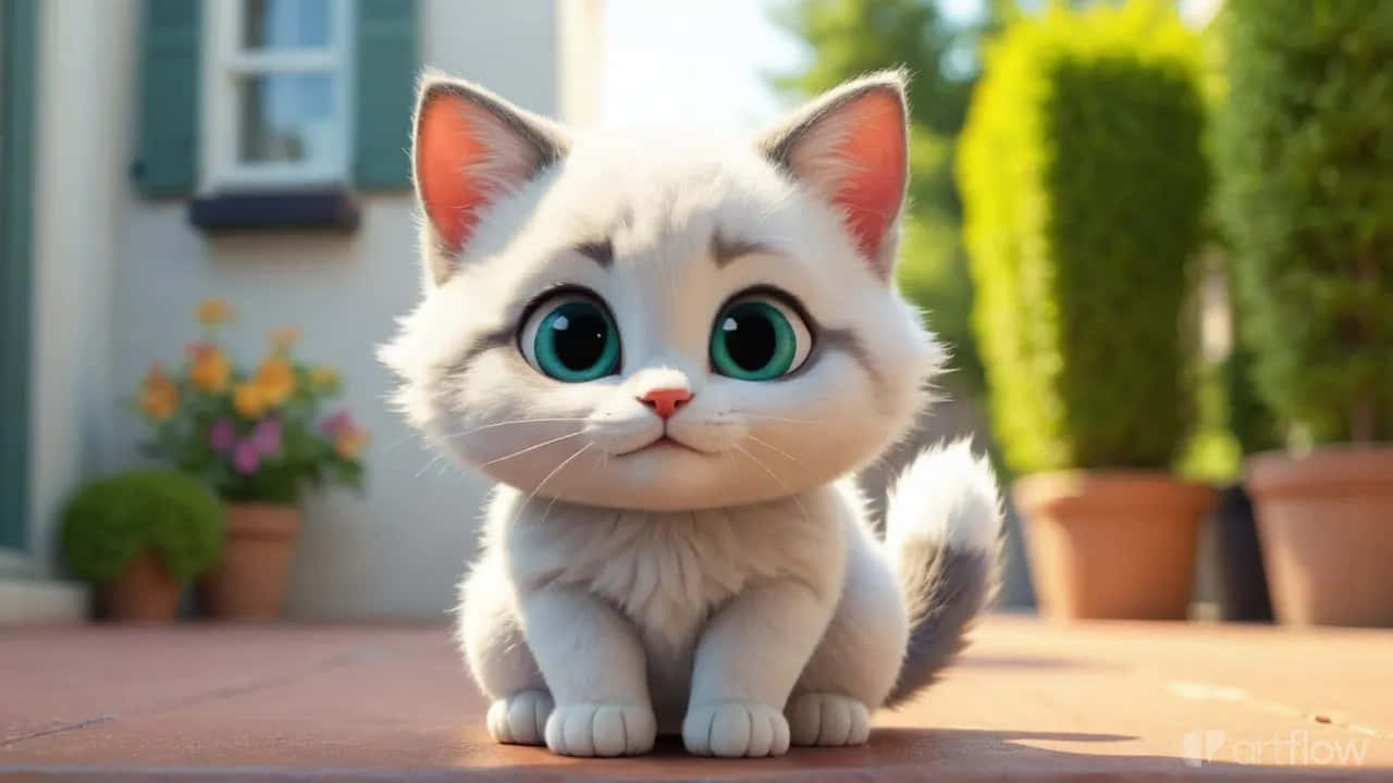 Сладко голямооко коте, седящо навън – очарователна 3D котка Тапет