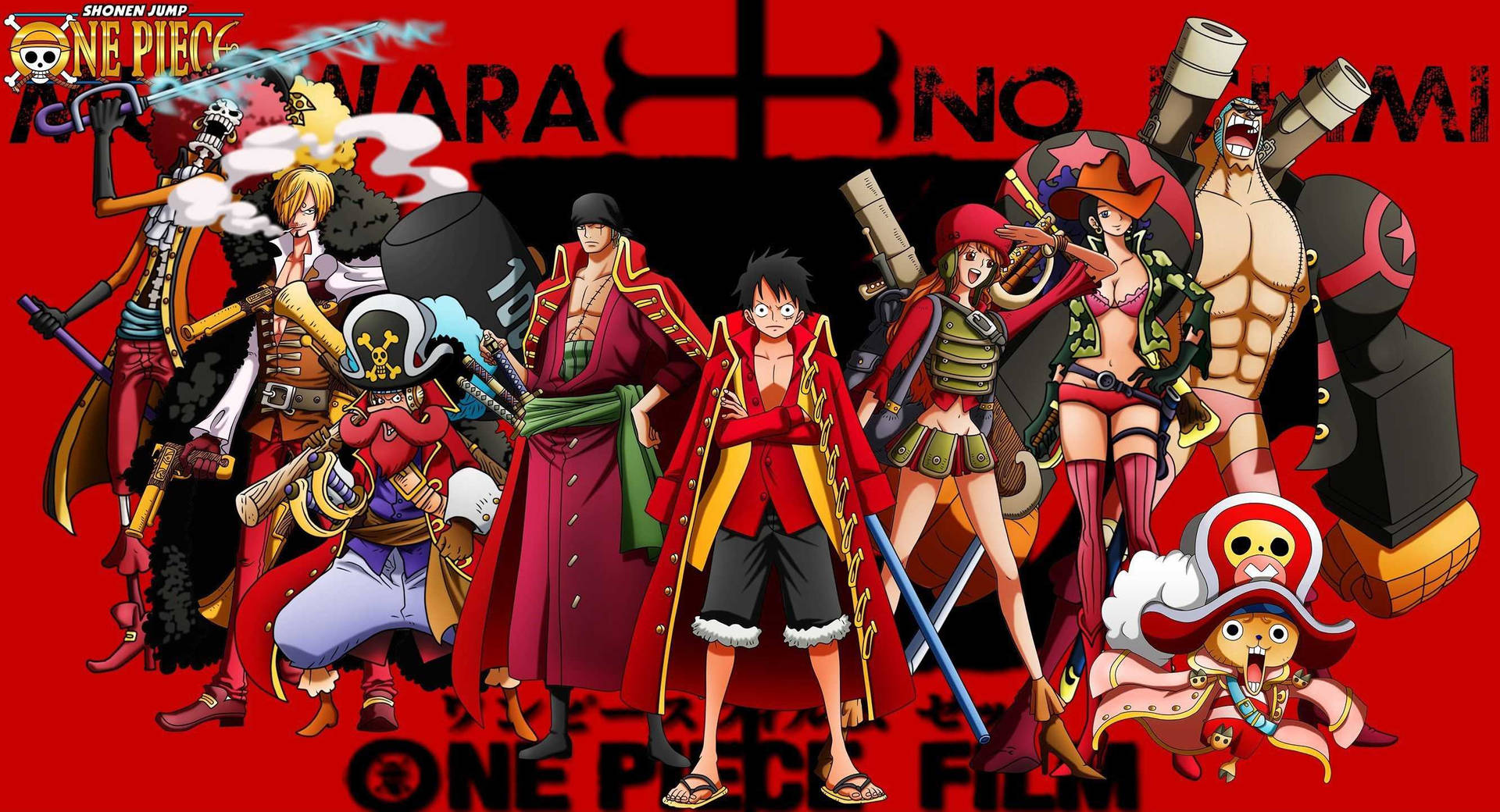 Лъфи и пиратите със сламена шапка в червен и черен One Piece тапет.