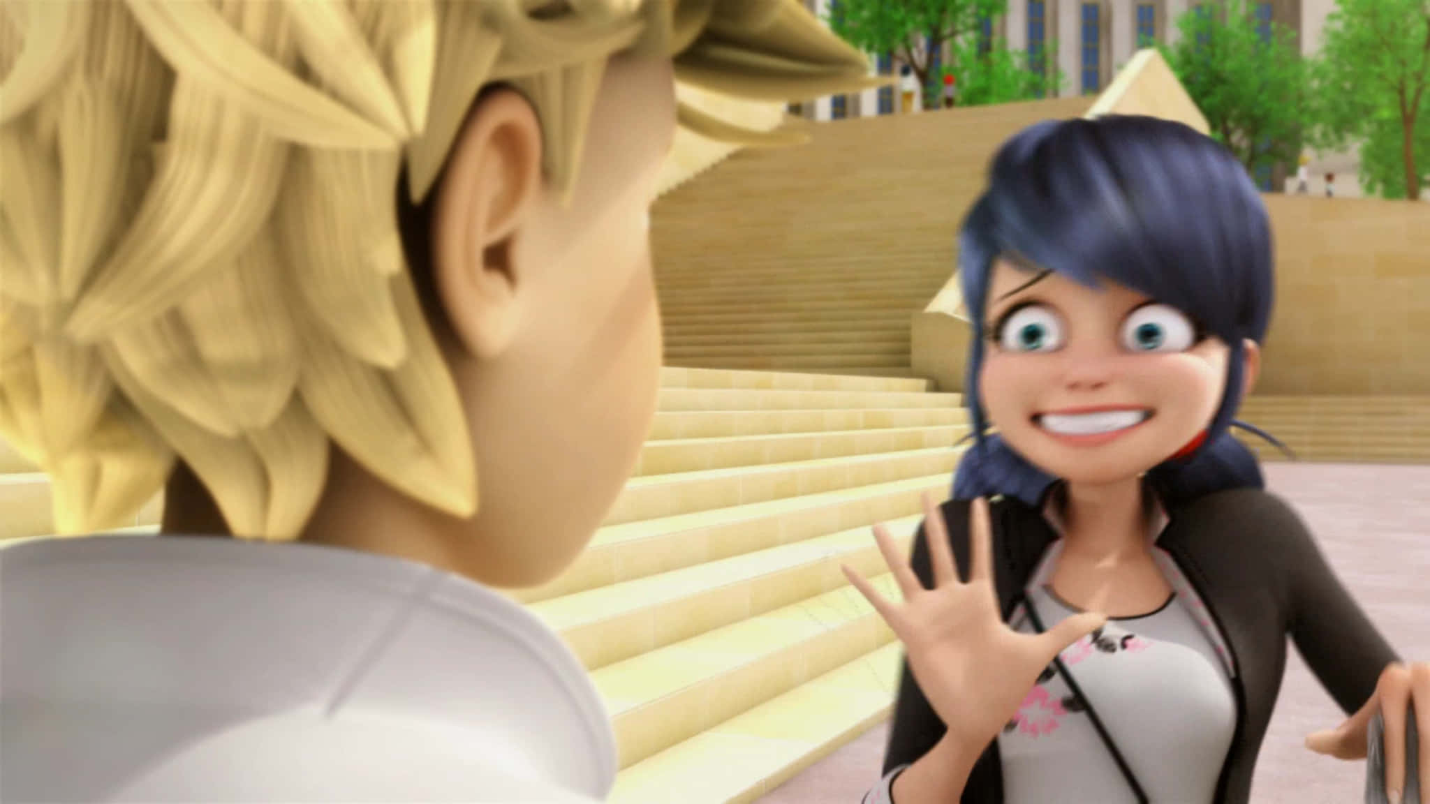 Смешна снимка на Ladybug от Miraculous Ladybug с паникьсващо лице пред Cat Noir Тапет