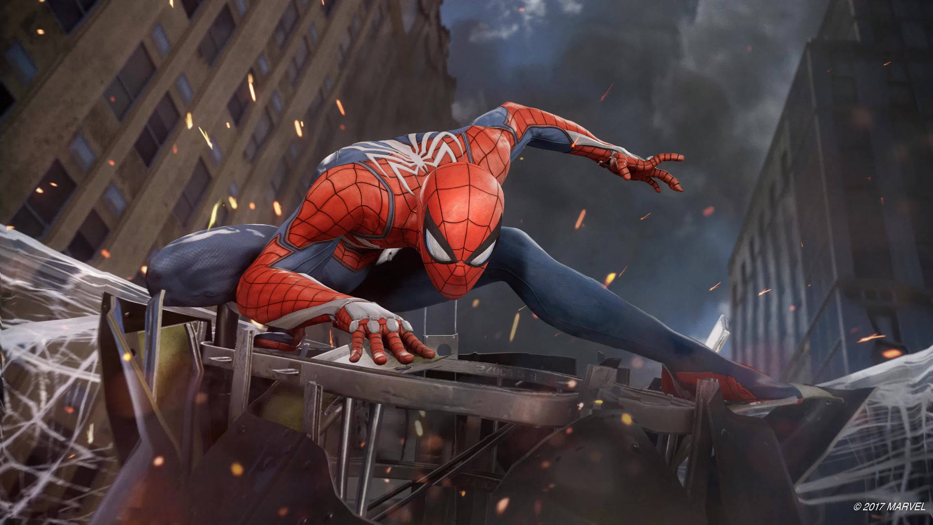 Спайдърмен, супергероите на Marvel, в действие, на бойно поле с разрушен град.