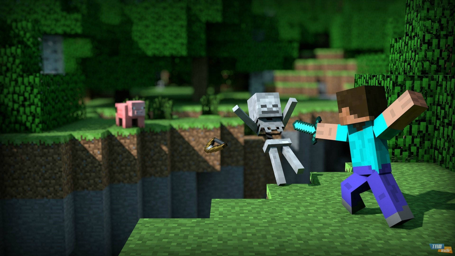 Стив се бие със скелет в Minecraft HD Тапет