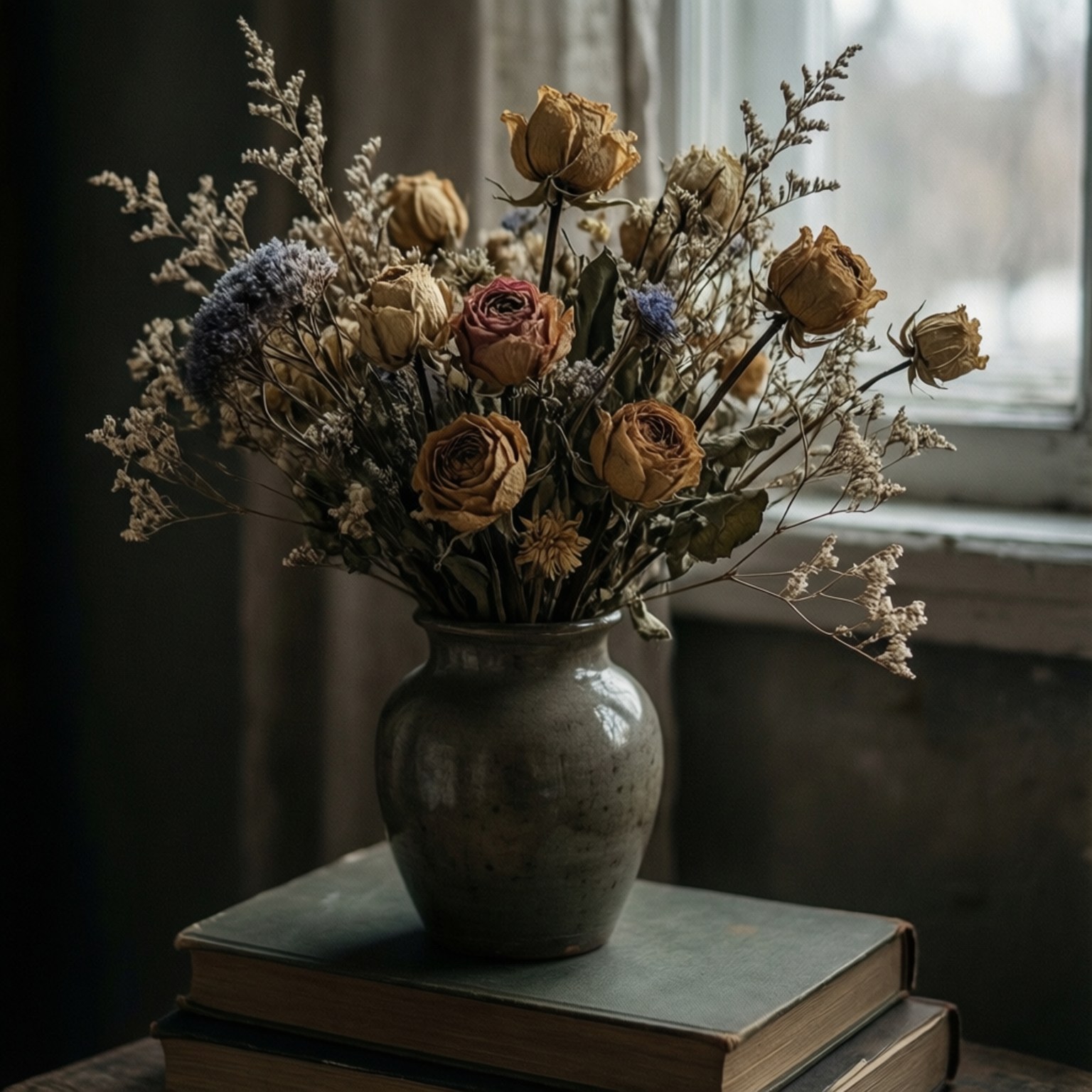 Сушени цветя върху книги Тапет