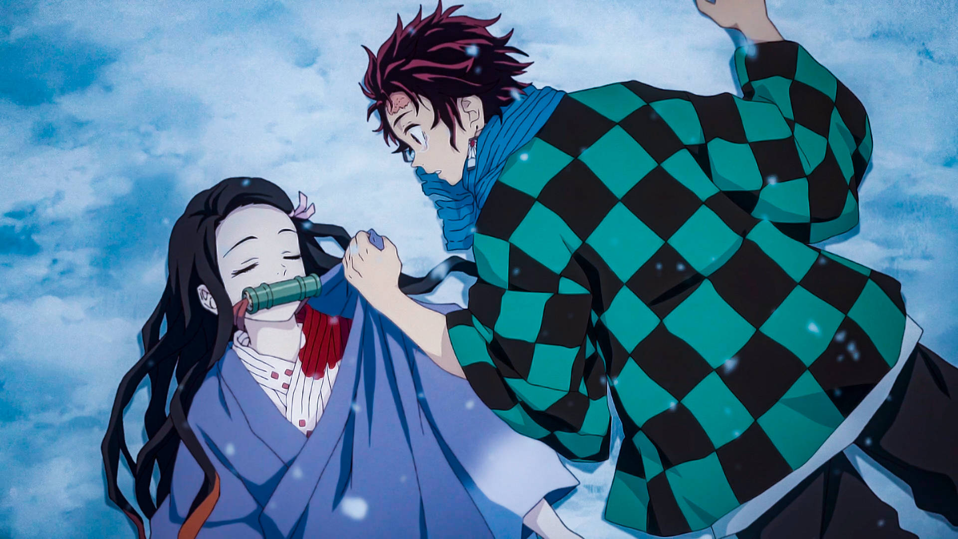 Demon Slayer тапет на Танджиро на снежната земя, гледащ към Недзуко.