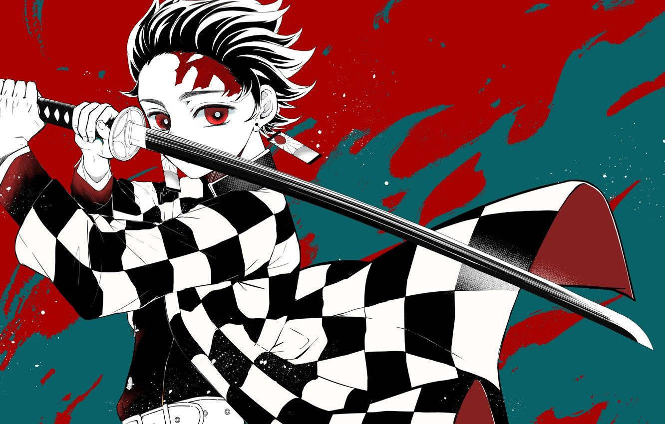 Тапет от Demon Slayer на Камадо Танджиро, държащ дълъг черен меч.