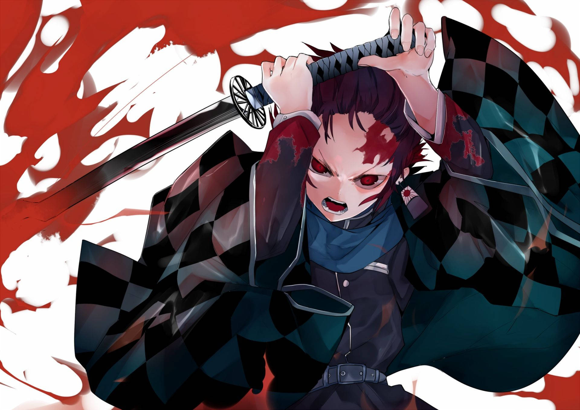 Тапет на Demon Slayer с Камадо Танджиро, атакуващ с черен меч. — Ловец на демони Тапет