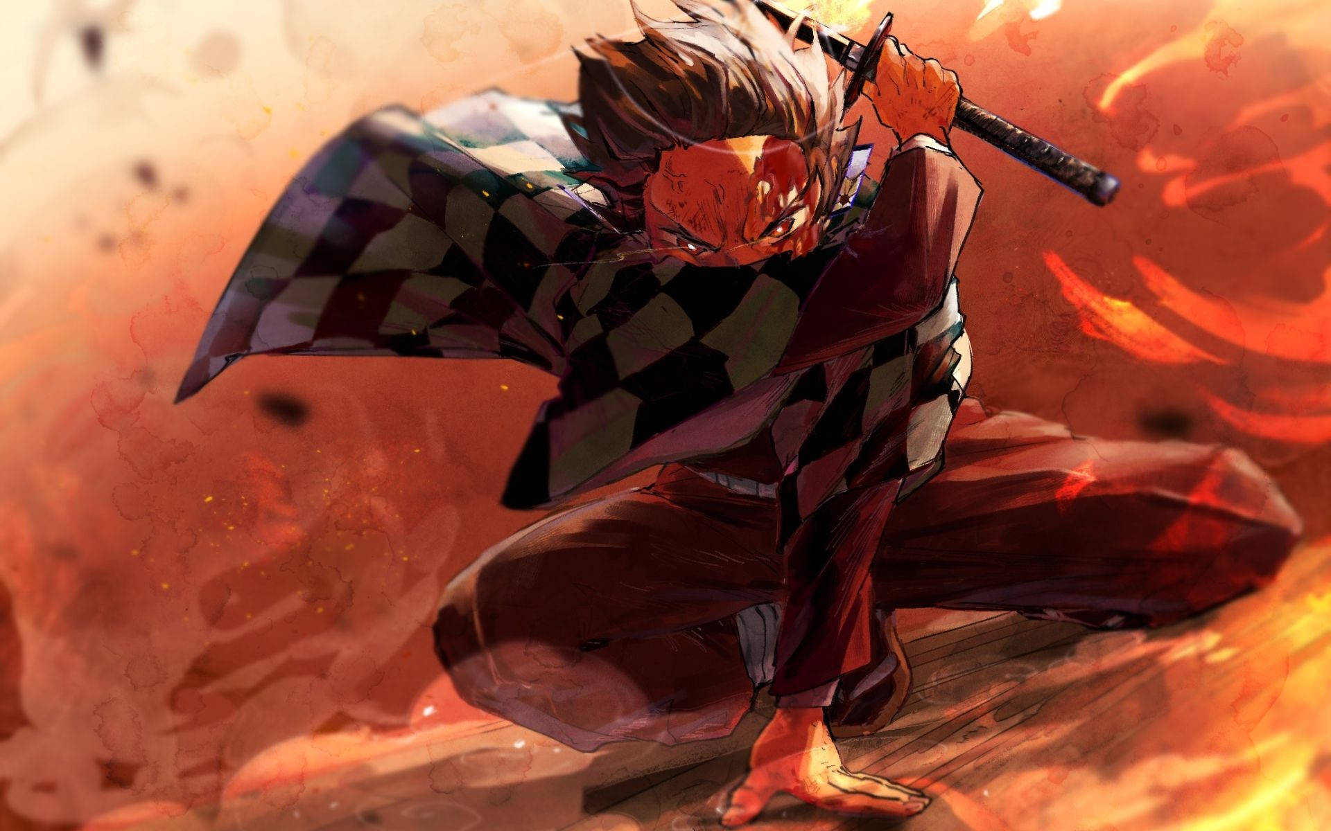 Тапет на Demon Slayer с Камадо Танджиро, обграден от дим и огън.