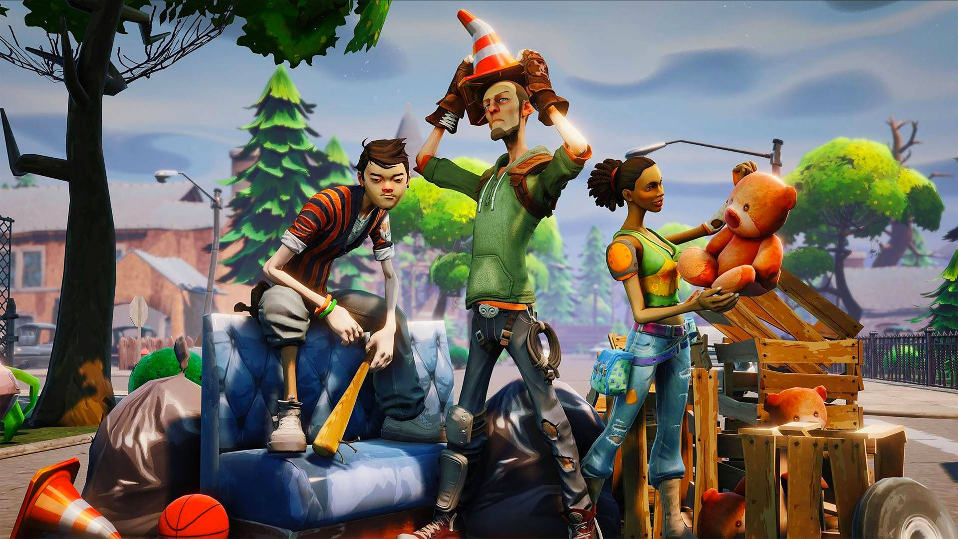 Трима герои от Fortnite позират на улицата HD тапет.