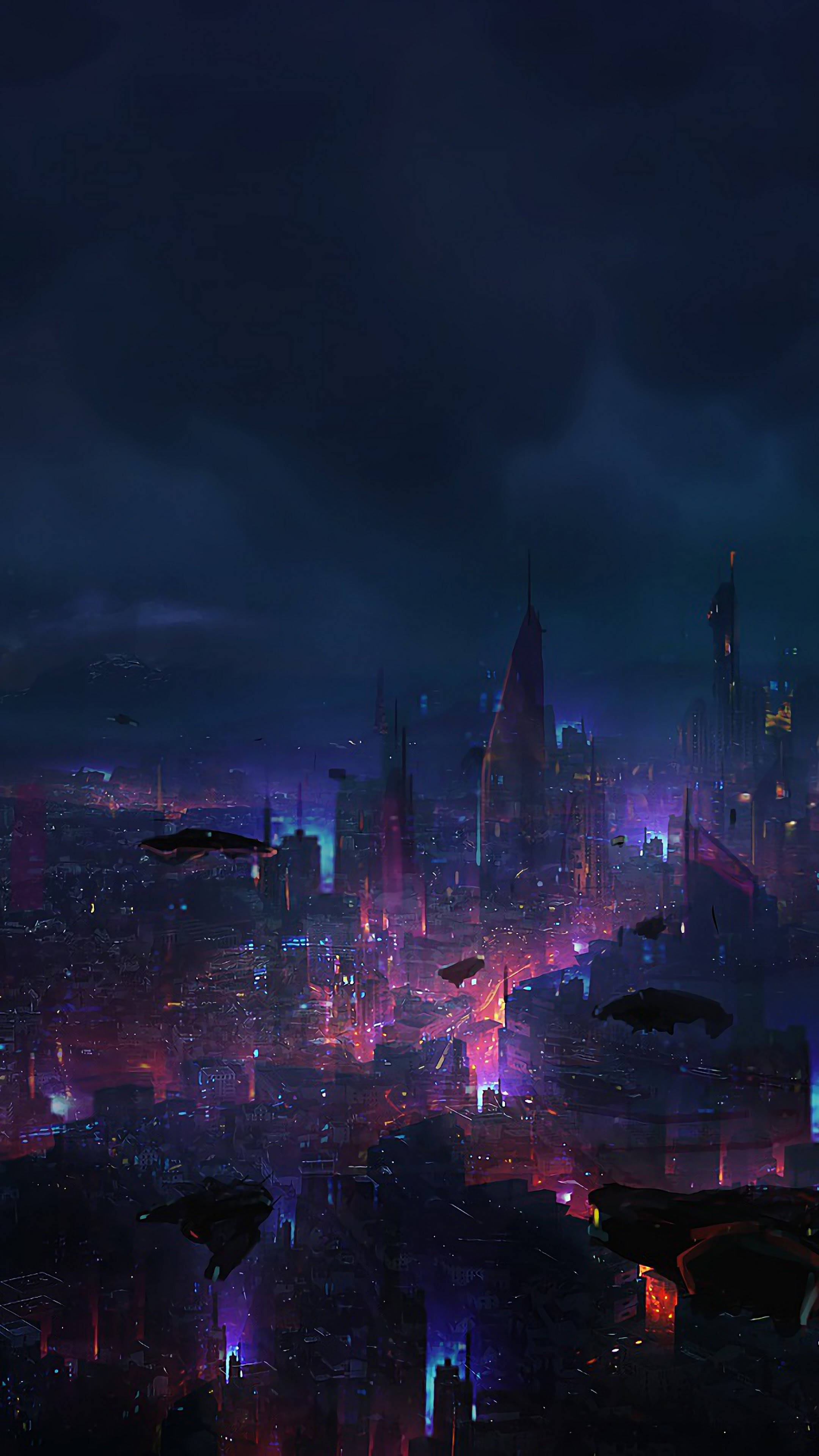 Тъмен футуристичен градски пейзаж Cyberpunk за iPhone X Тапет