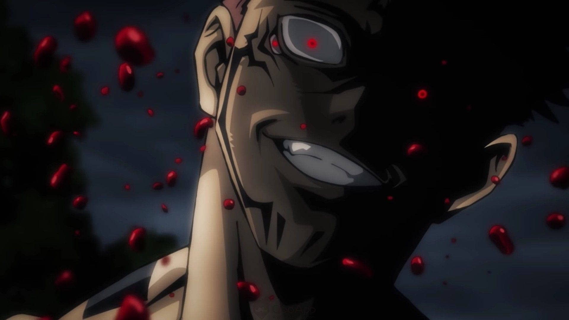 Сукуна в Jujutsu Kaisen с убийствени очи и кръв – тапет.