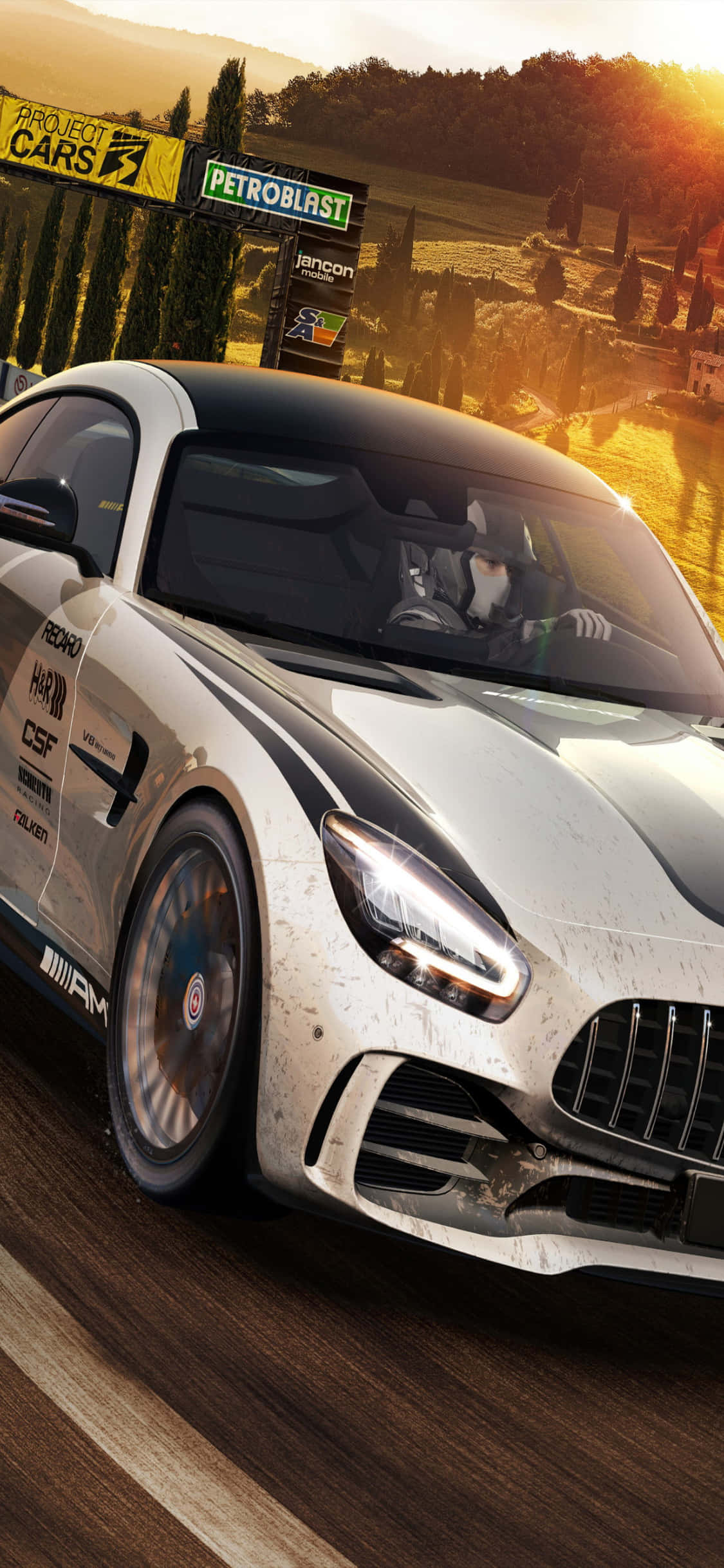 Фон за iPhone X от Project Cars с кола светло-сива Mercedes AMG GT Тапет