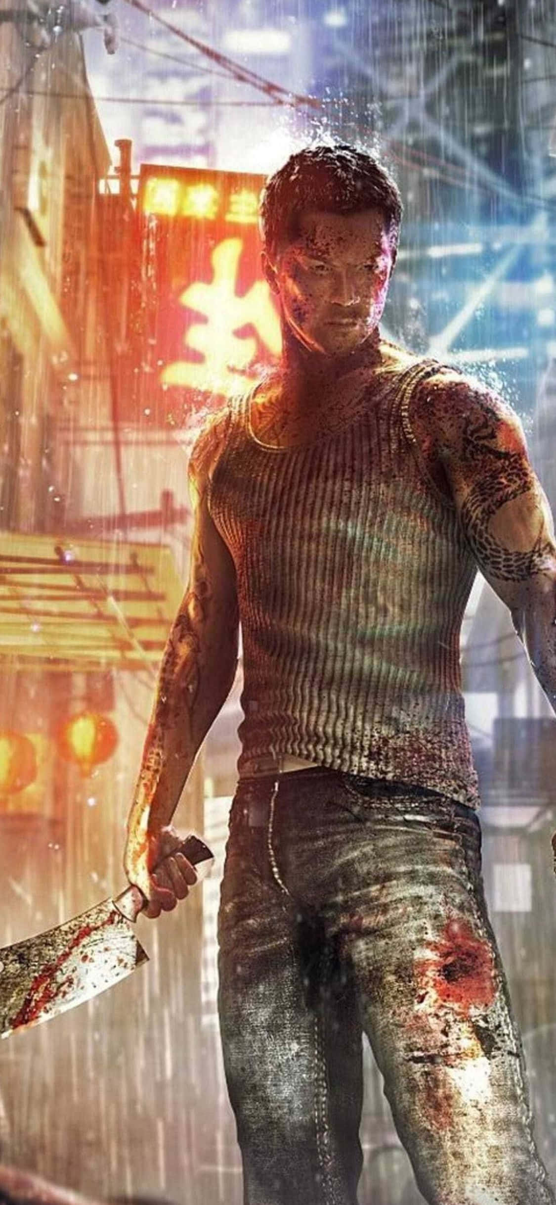 Фон за iPhone Xs с Wei, държащ касапски нож в дъжда от Sleeping Dogs Тапет