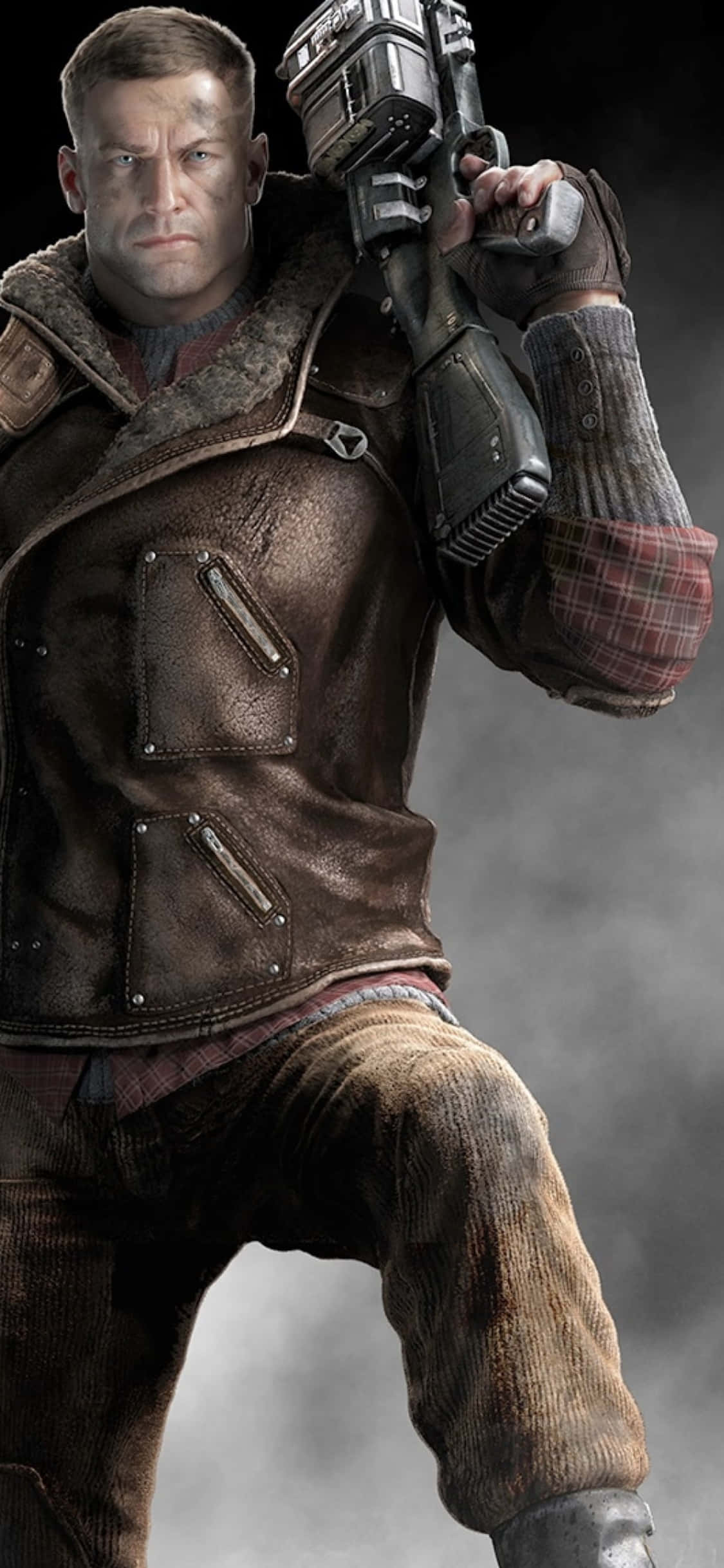 Фон за iPhone Xs с B.J. Blazkowicz и пушка от Wolfenstein II Тапет