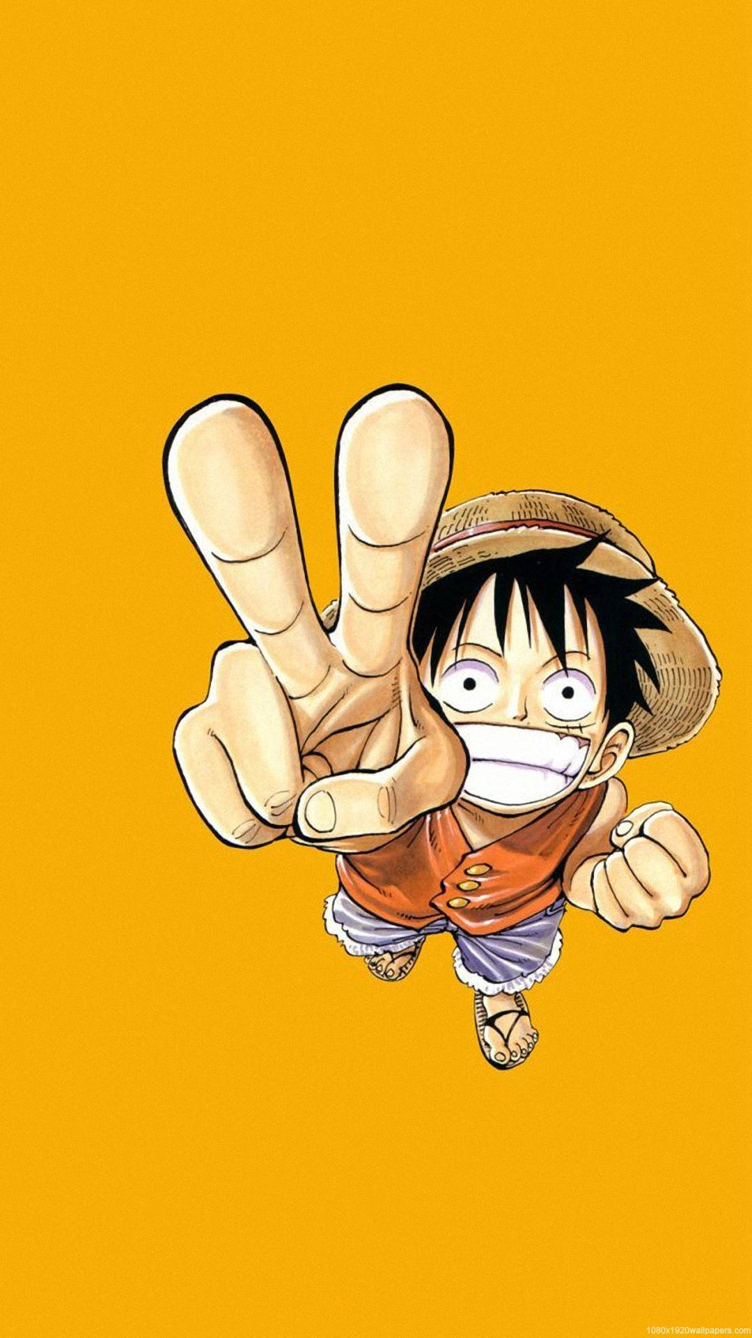 Тапет с Луфи от One Piece, показващ знак за мир