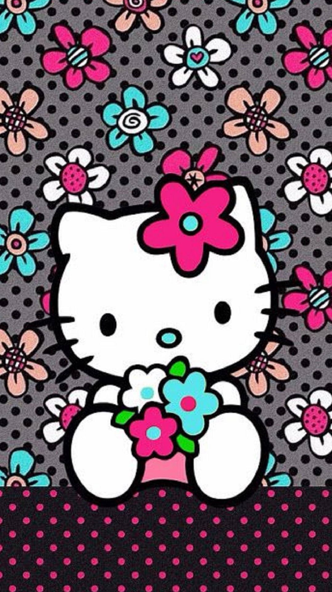 Черна Hello Kitty с цветя Тапет