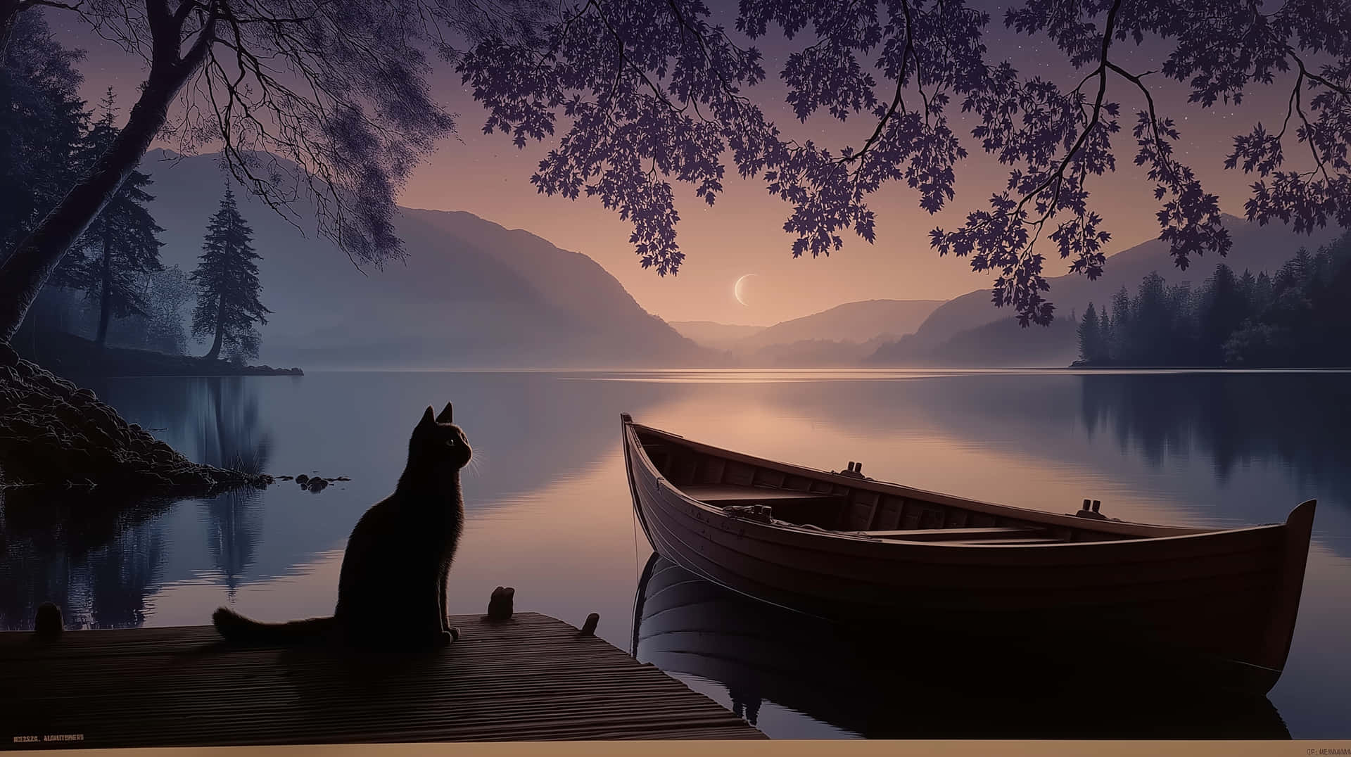 котка,животно,домашен любимец,кей,езеро,здрач,планини,лодка,природа,пейзаж,спокоен,мистичен,мирен,отражение,на открито