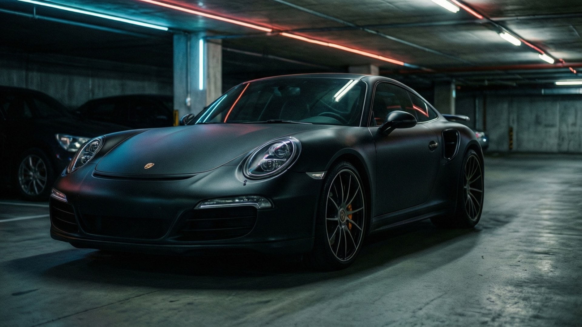 Матово черно Porsche 911 Turbo S се откроява в мрачен подземен гараж с неонови отражения.