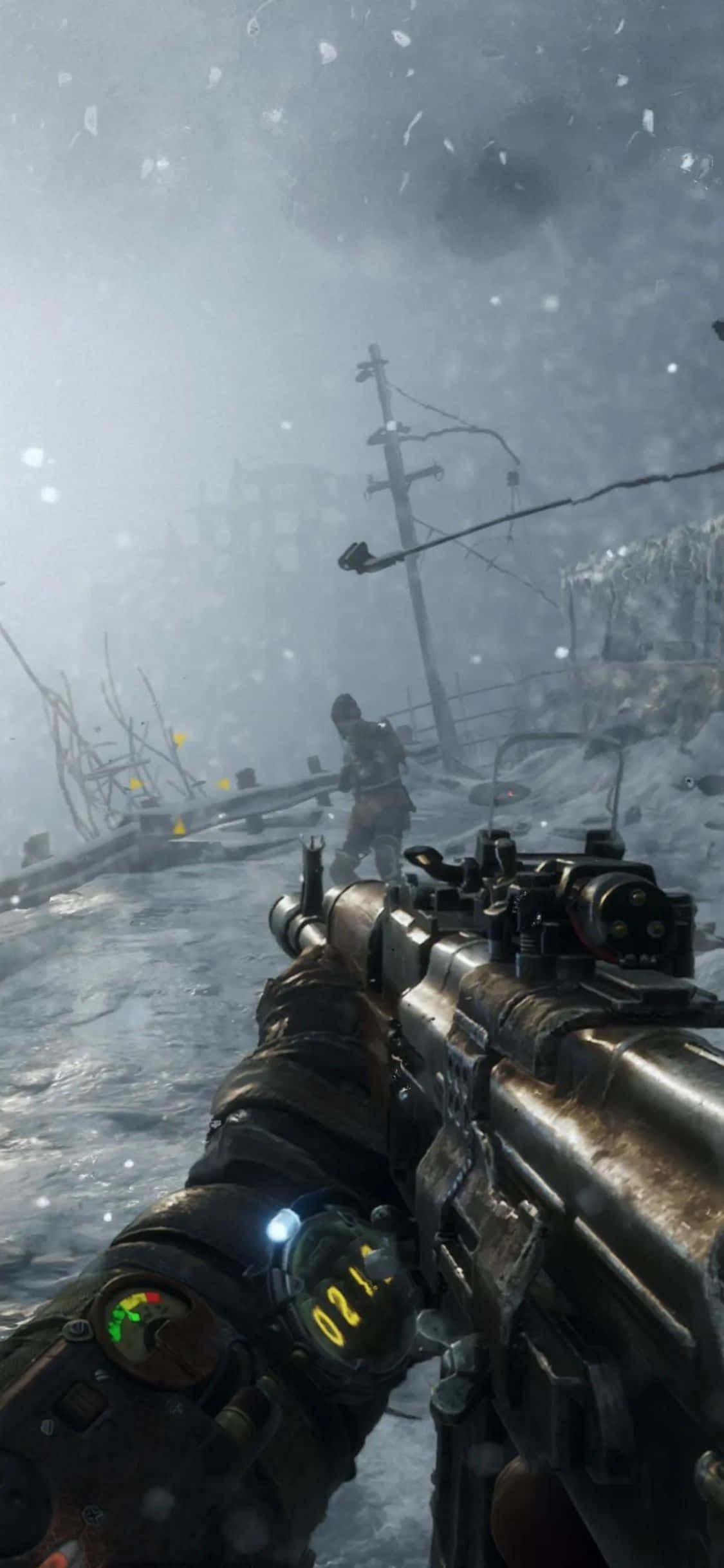 Човек с противогаз скита се по постапокалиптичния пейзаж на Metro Exodus Тапет