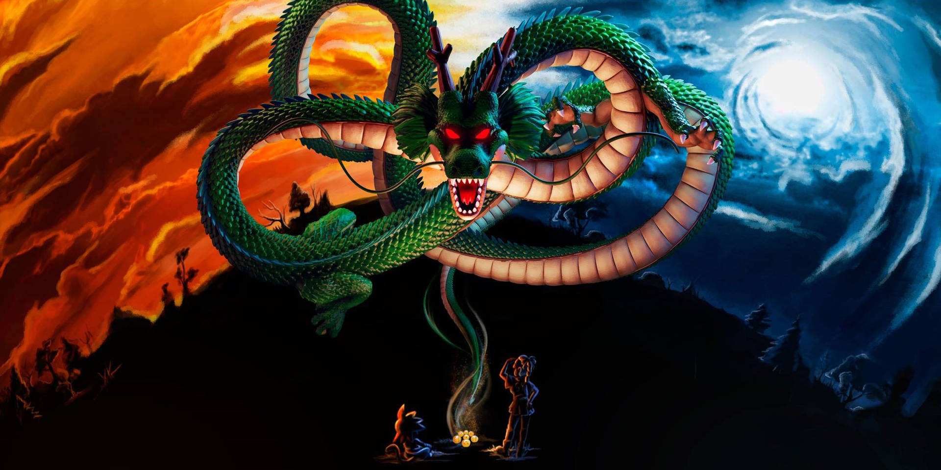 Dragon Ball Z super broly зелен дълъг дракон Shenron с страшни червени очи на планетата Namek.